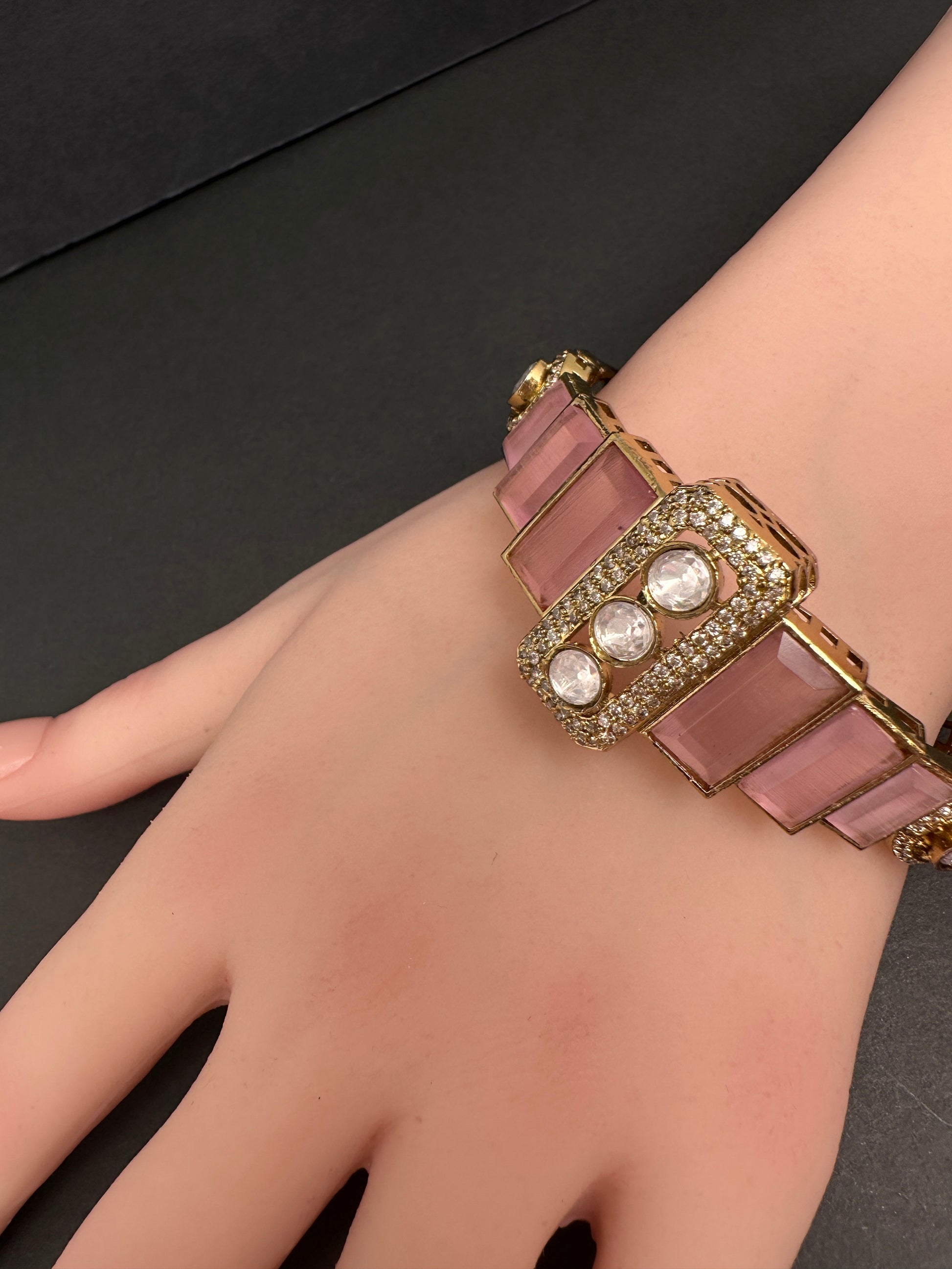 Victorian Moissanite Color Openable Kada Bracelet - Pink