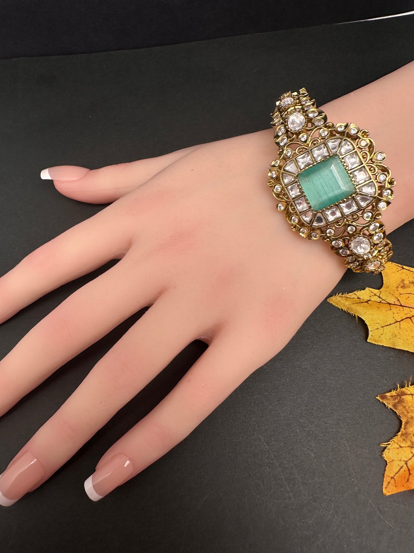 Victorian Moissanite Color Openable Kada Bracelet - MintGreen