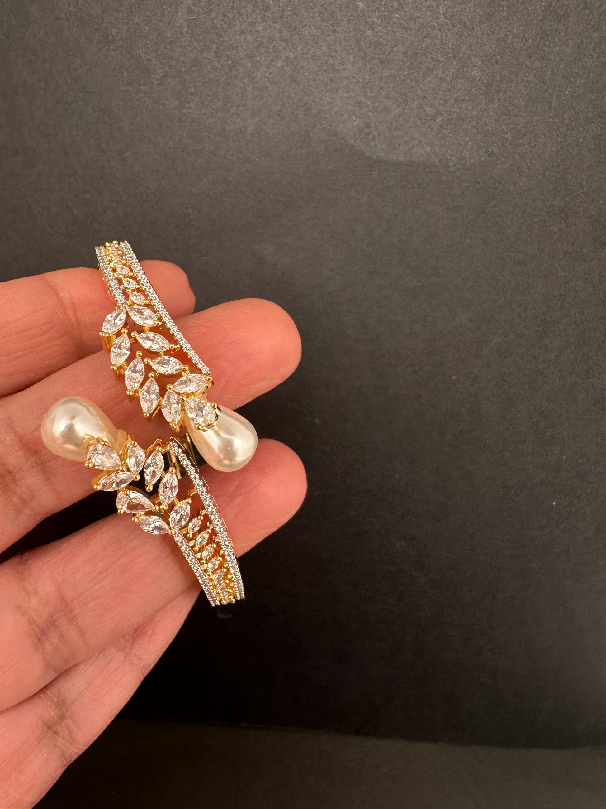 AD Diamond Pearl Openable Kada Bracelet - 