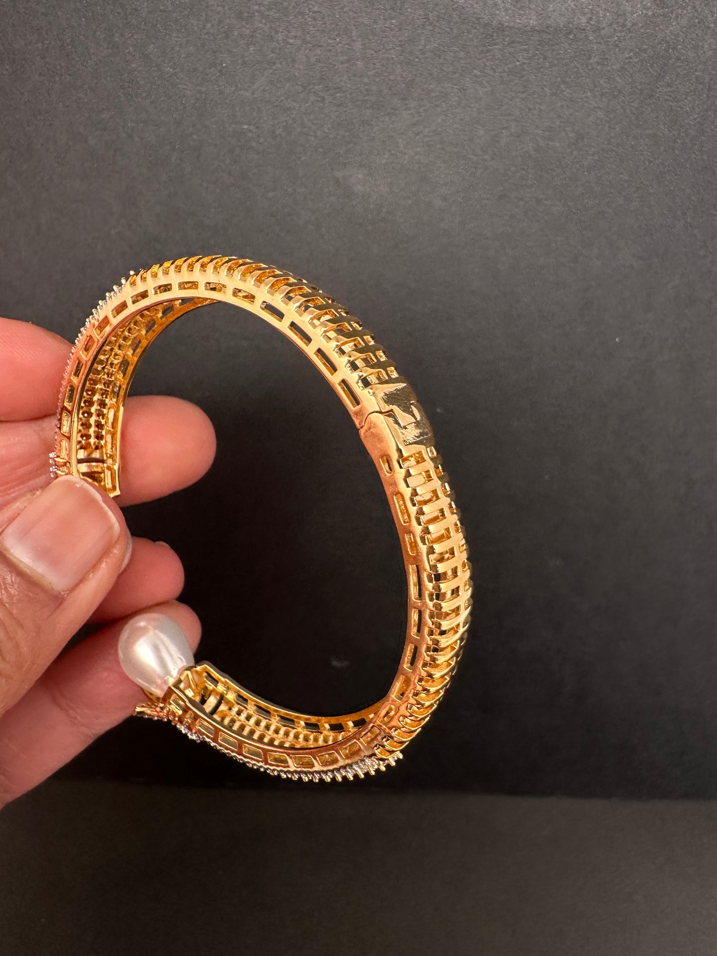 AD Diamond Pearl Openable Kada Bracelet - 
