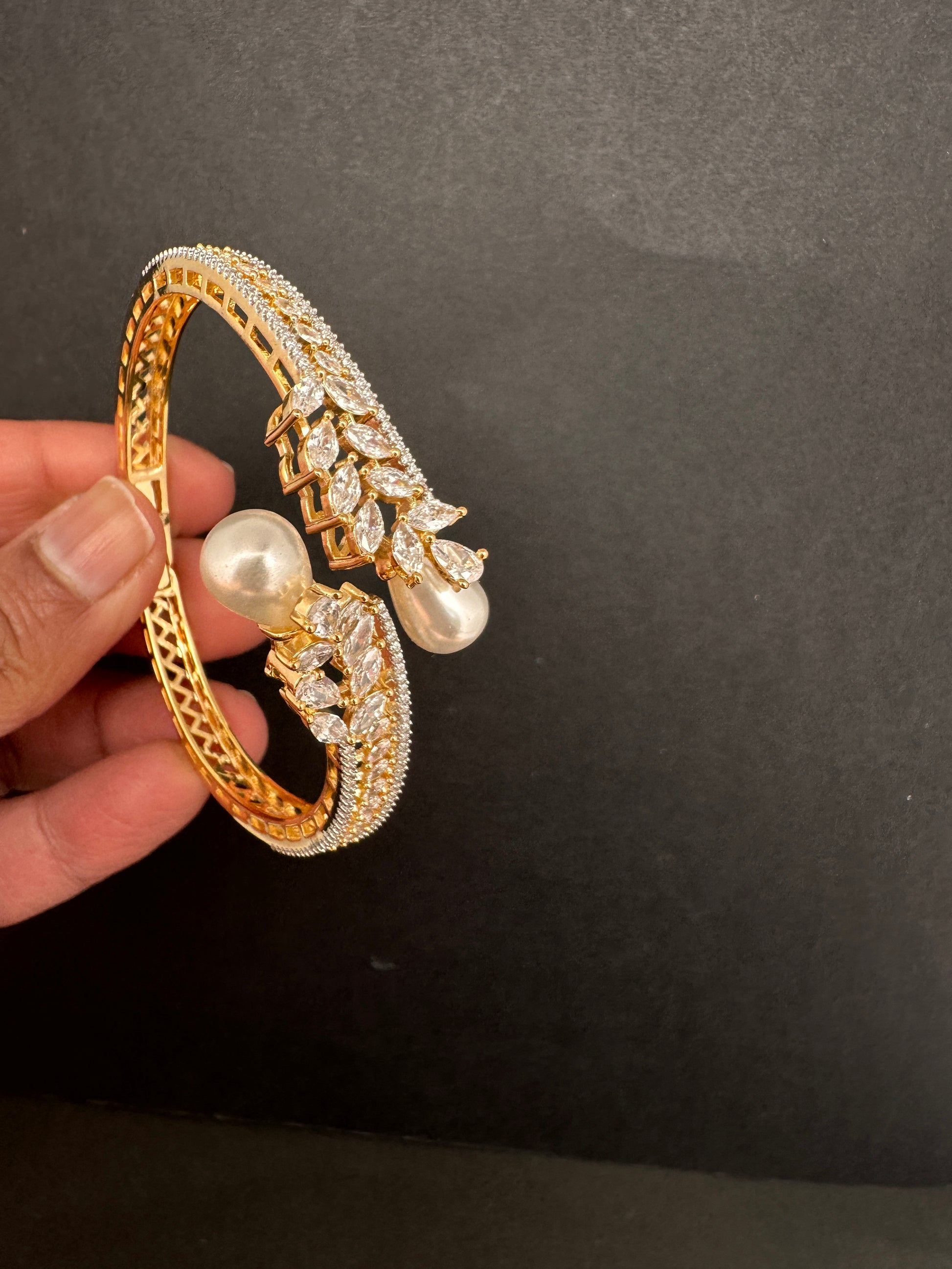 AD Diamond Pearl Openable Kada Bracelet - 