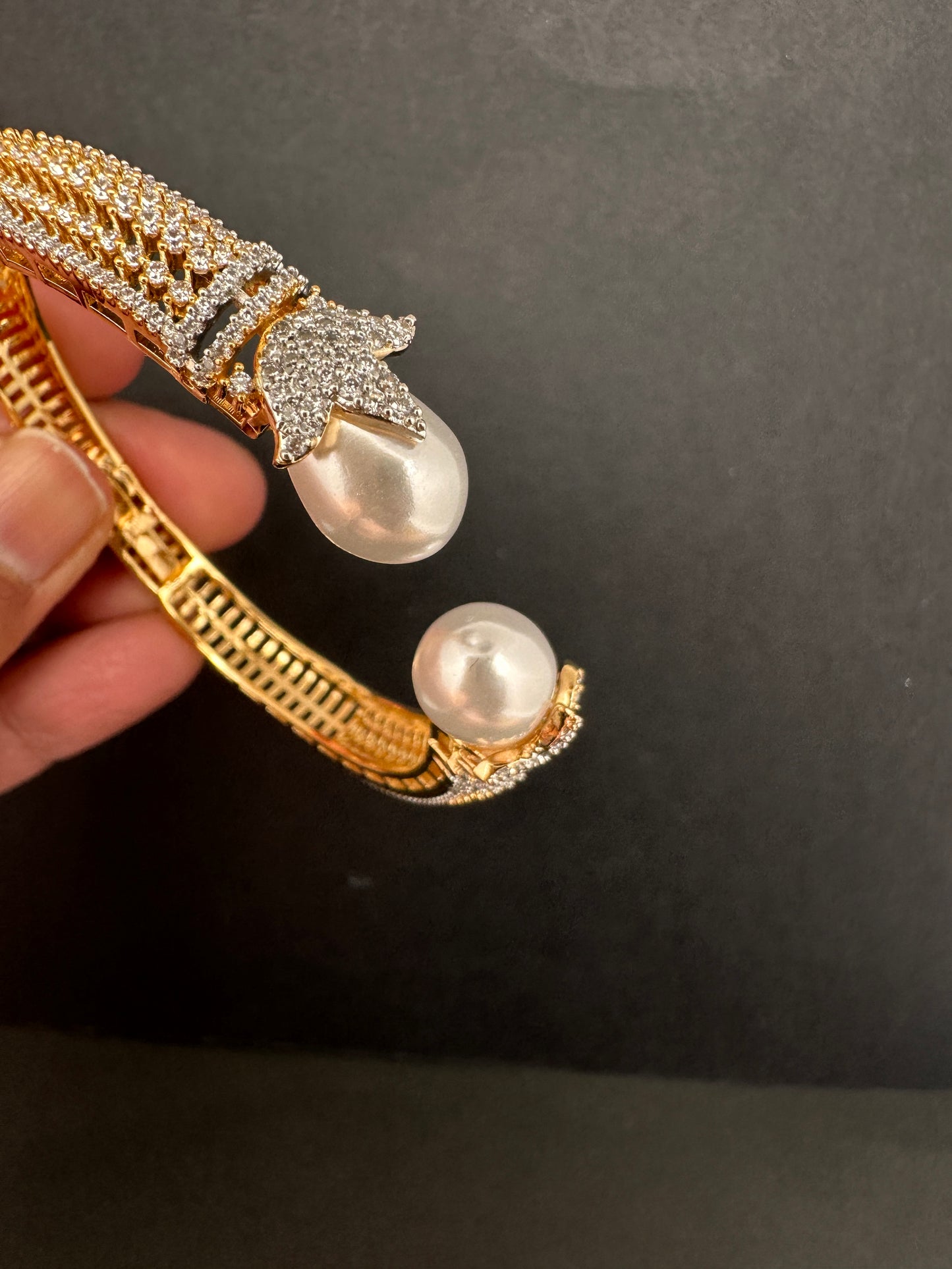 AD Diamond Pearl Openable Kada Bracelet - 