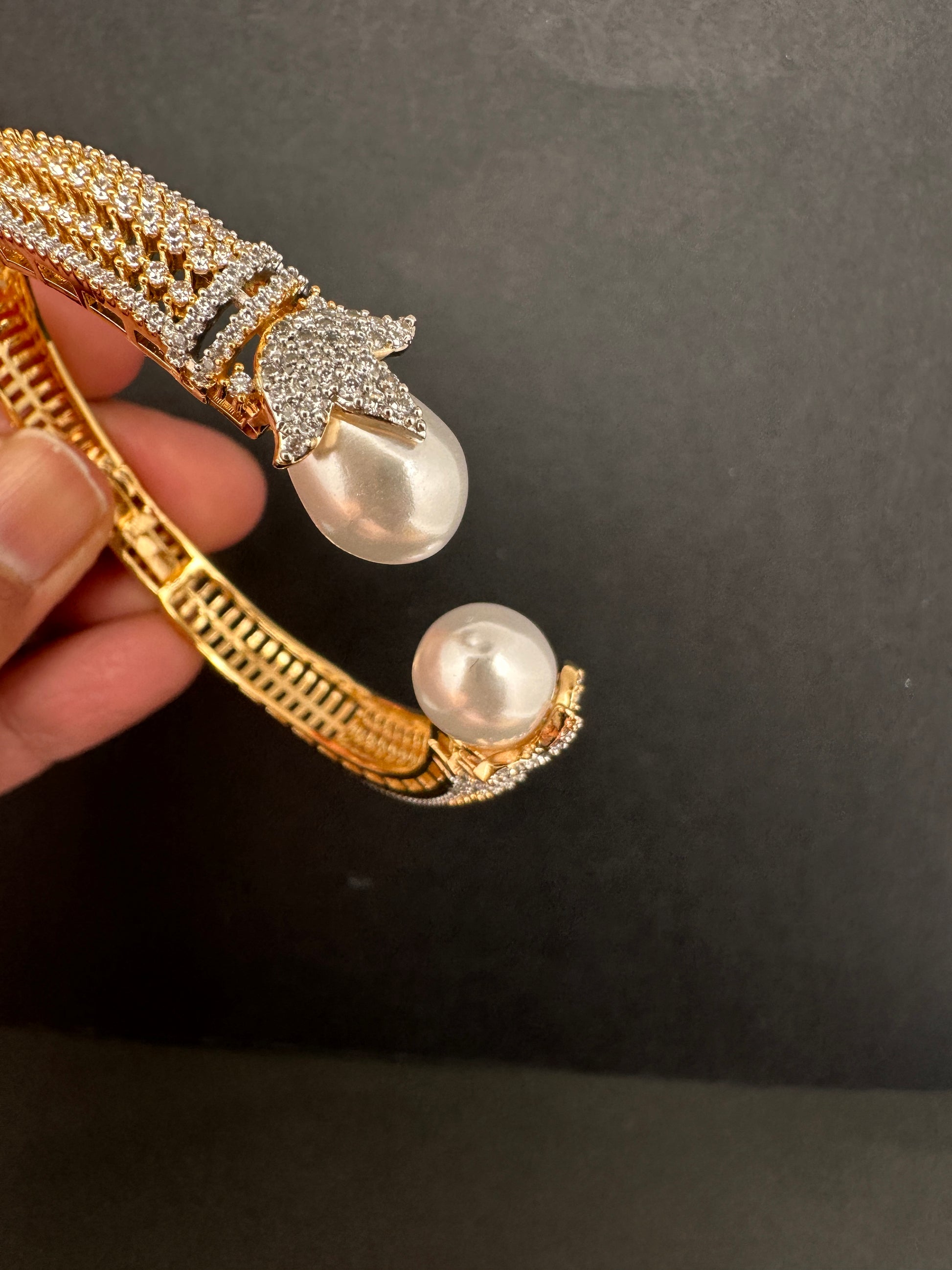 AD Diamond Pearl Openable Kada Bracelet - 