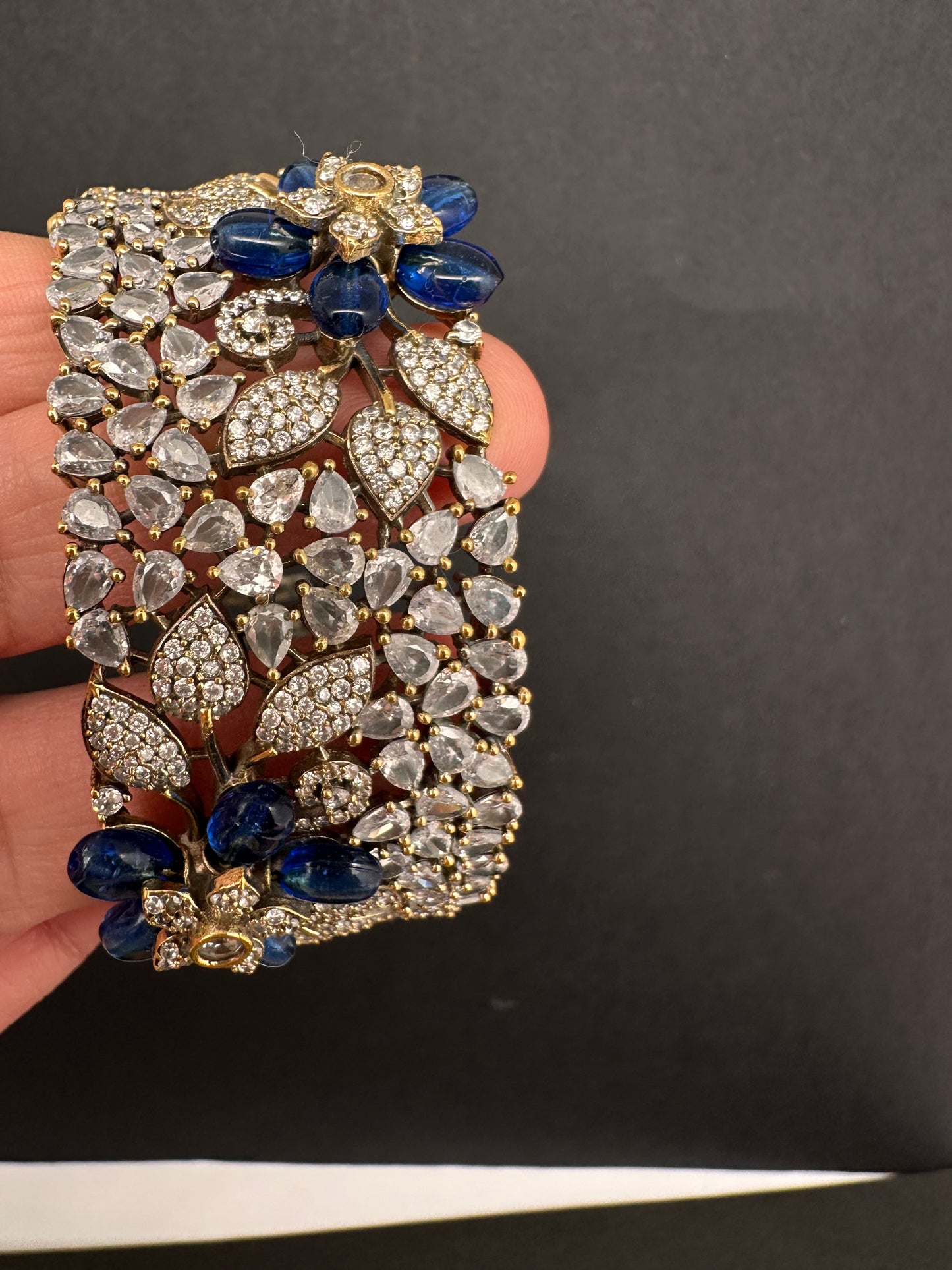 Victorian AD Beads Floral Color Openable Kada Bracelet - Blue