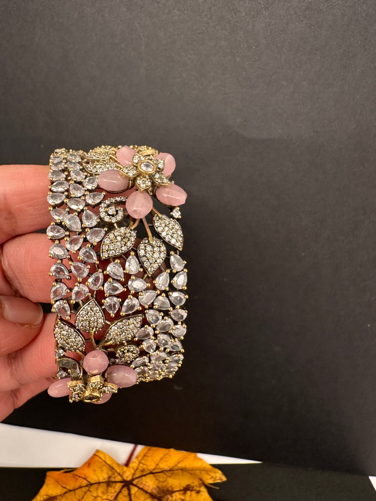 Victorian AD Beads Floral Color Openable Kada Bracelet - Pink
