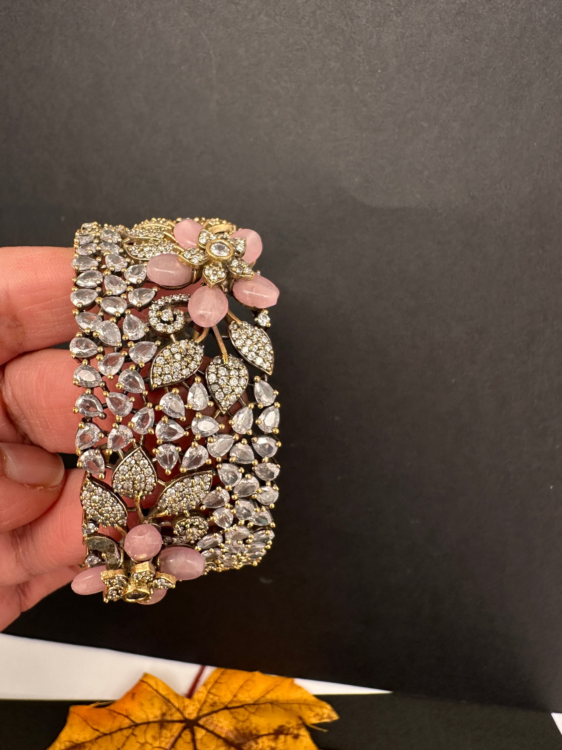 Victorian AD Beads Floral Color Openable Kada Bracelet - Pink