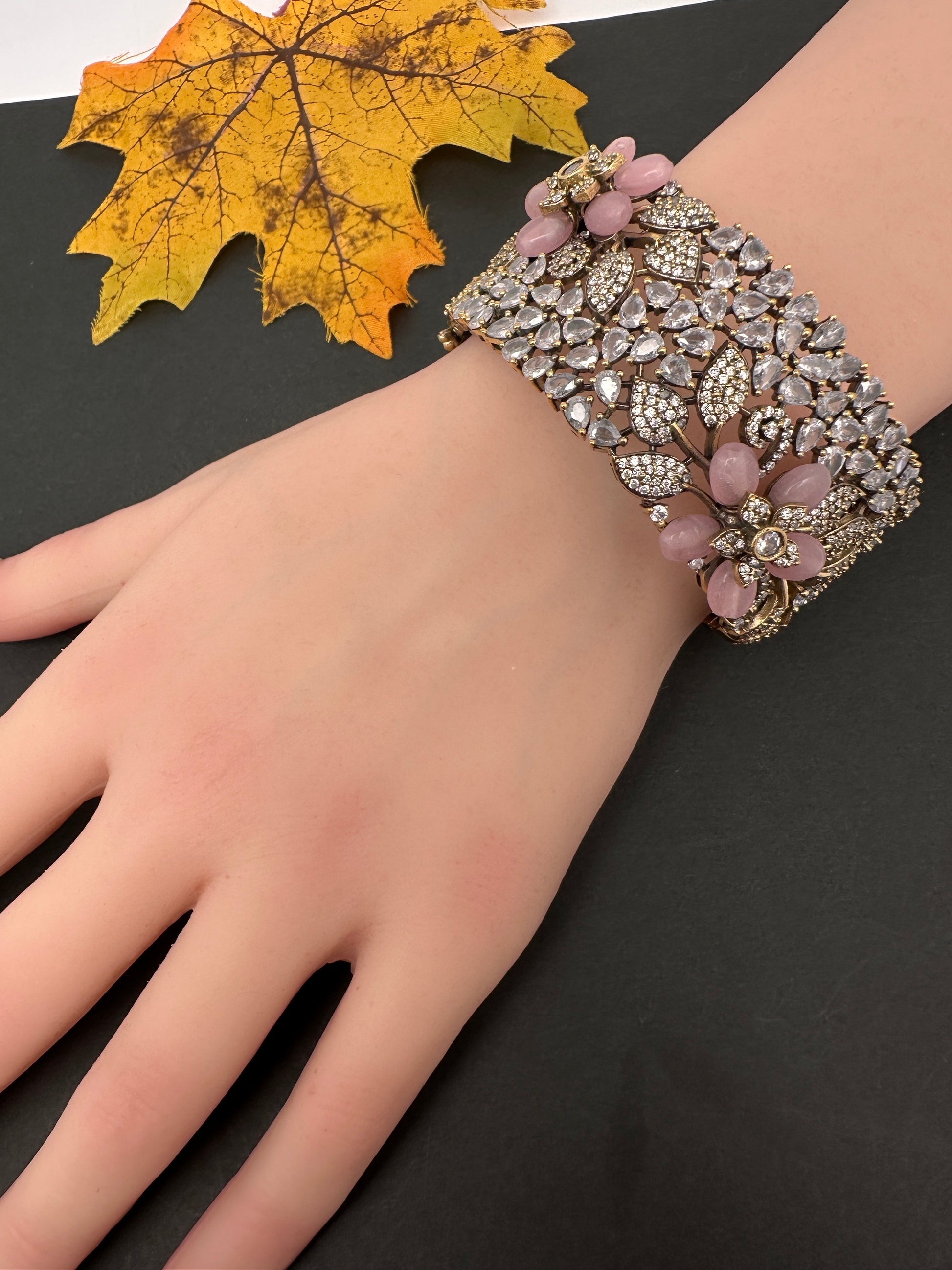 Victorian AD Beads Floral Color Openable Kada Bracelet - Pink