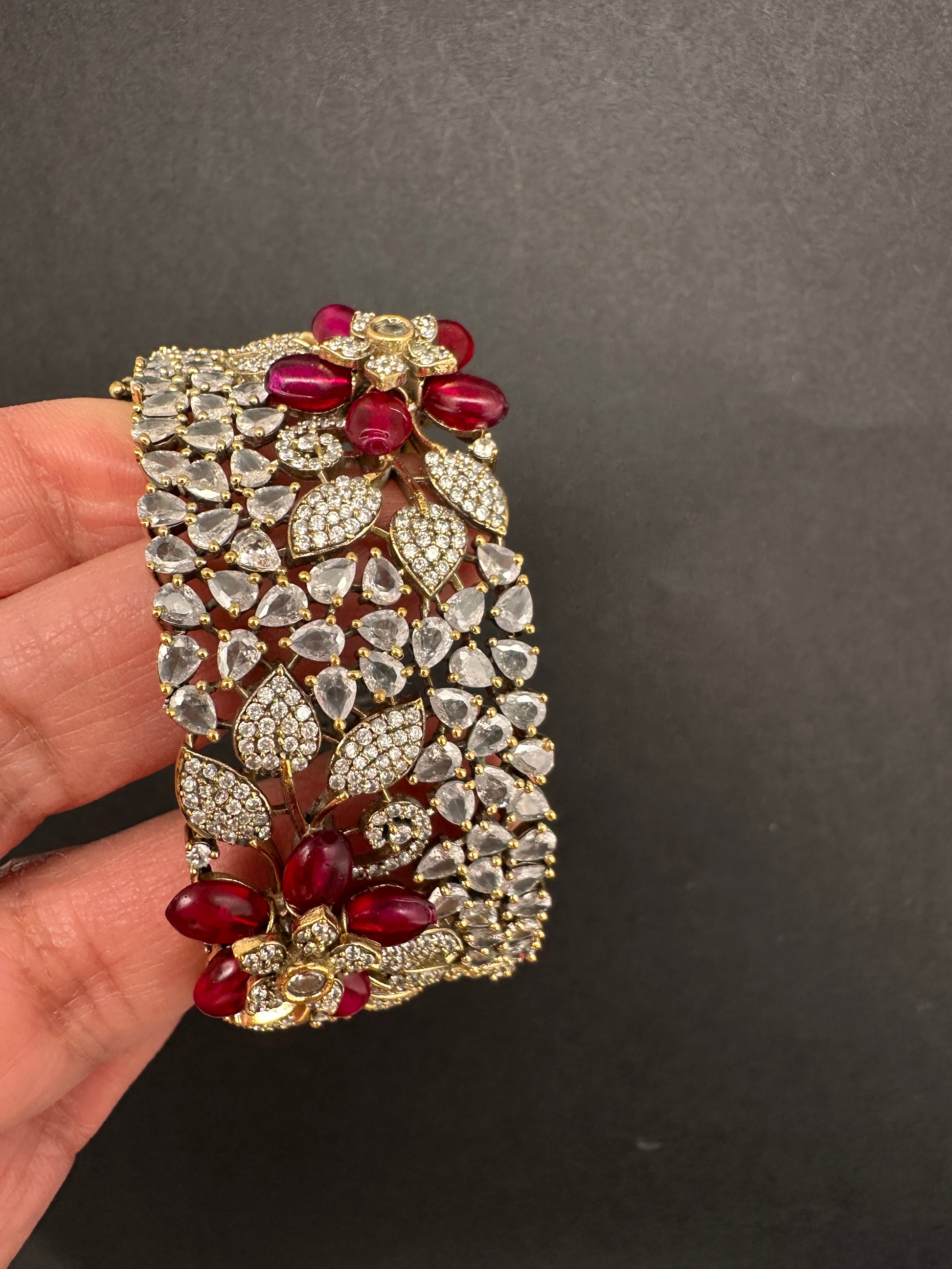 Victorian AD Beads Floral Color Openable Kada Bracelet - Red