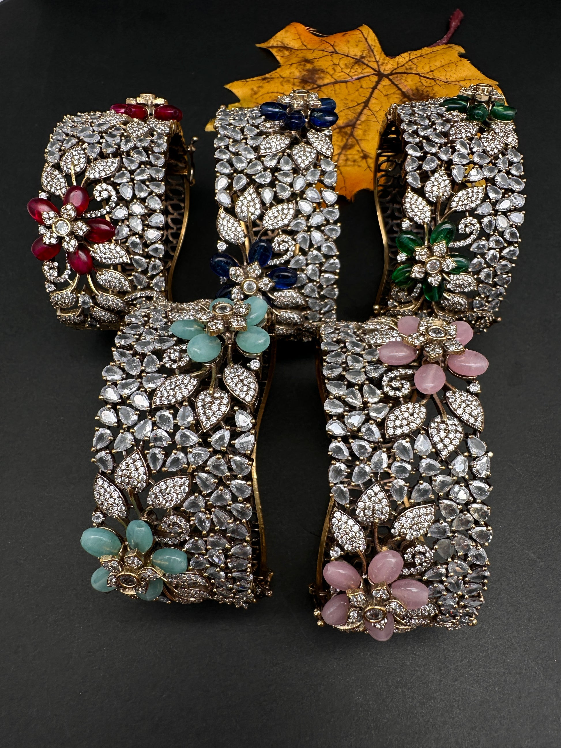 Victorian AD Beads Floral Color Openable Kada Bracelet - Red