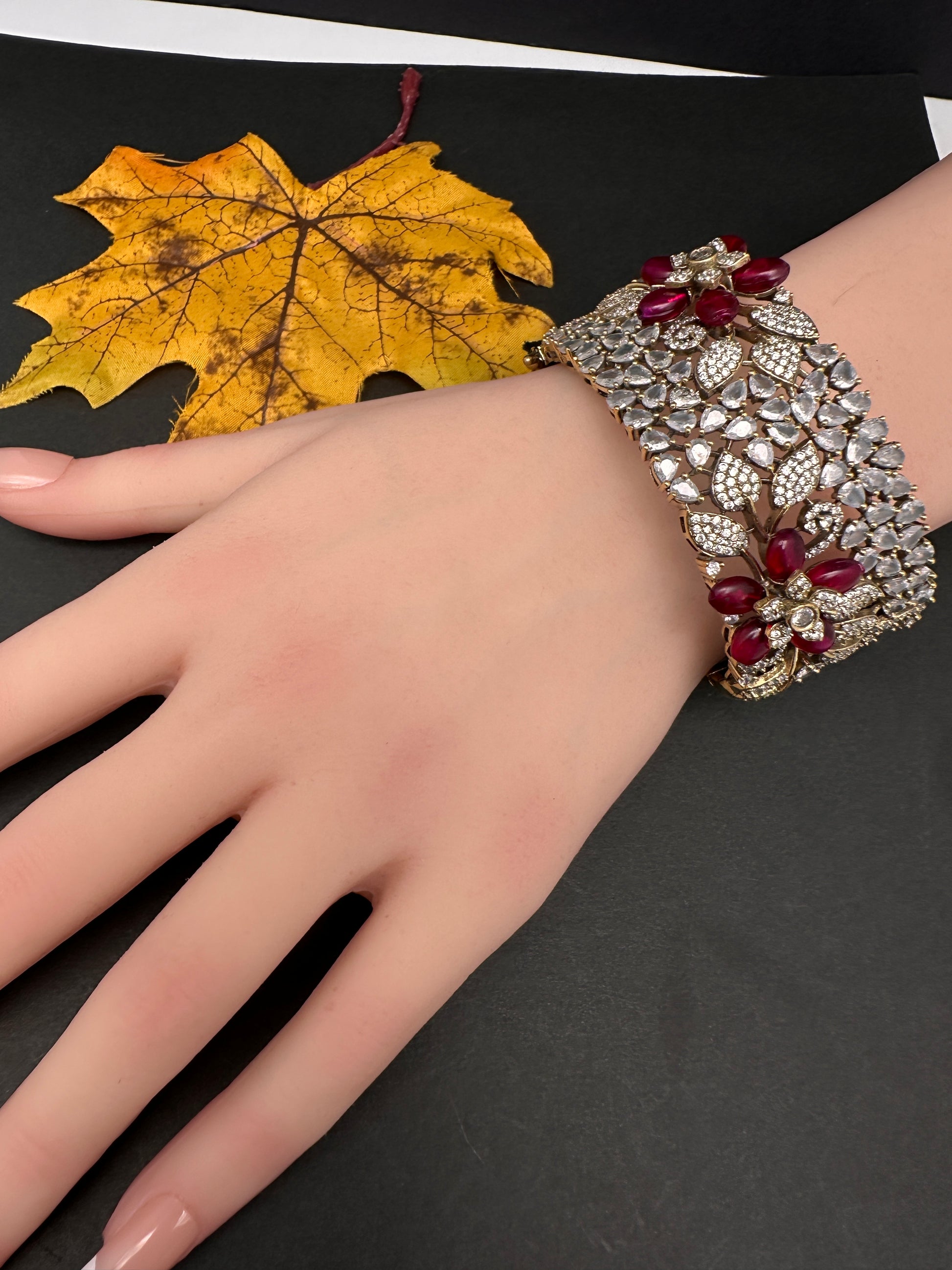 Victorian AD Beads Floral Color Openable Kada Bracelet - Red