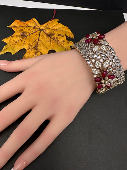 Victorian AD Beads Floral Color Openable Kada Bracelet - Red