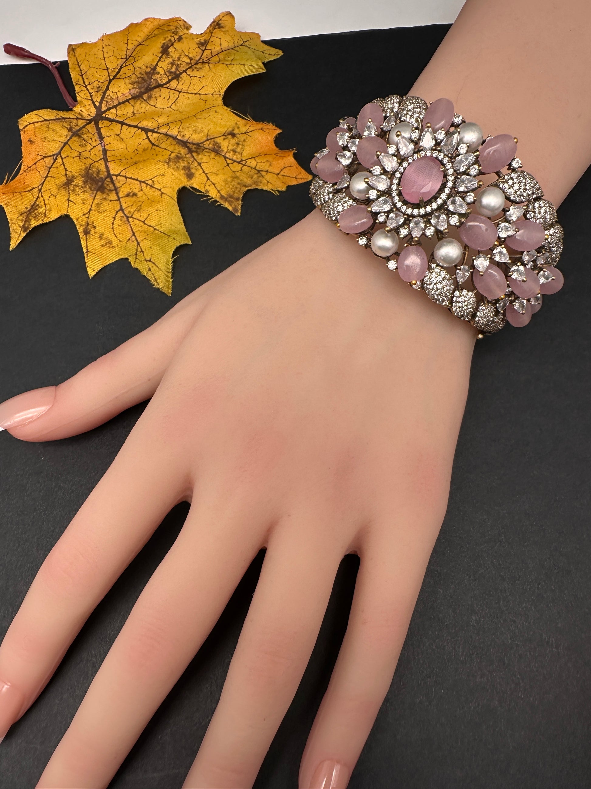 Victorian AD Beads Color Openable Kada Bracelet - Pink