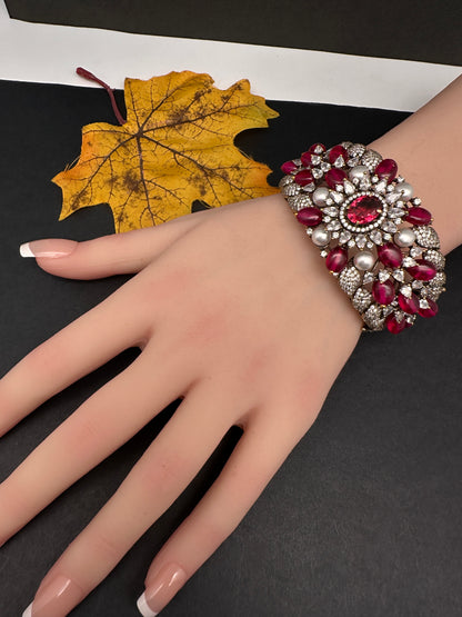 Victorian AD Beads Color Openable Kada Bracelet - Red