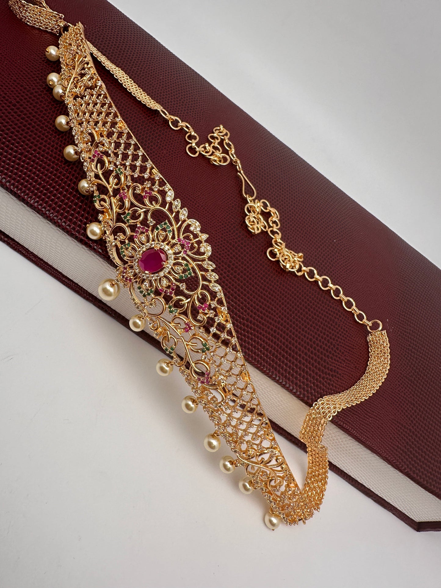Floral Pattern AD Red Green Stone and Pearls Stiff Front Design Kids Kamarband Hip Chain