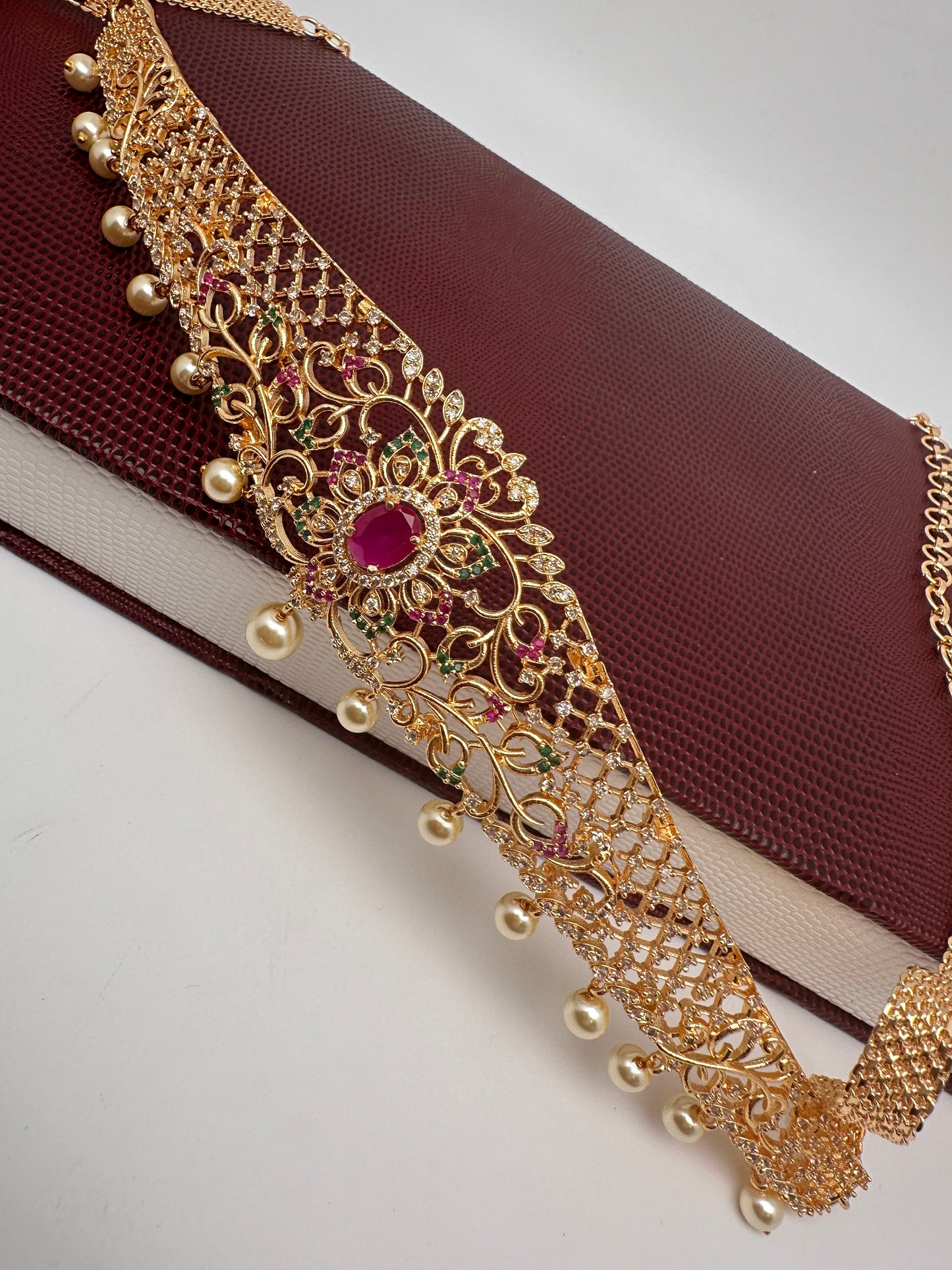 Floral Pattern AD Red Green Stone and Pearls Stiff Front Design Kids Kamarband Hip Chain