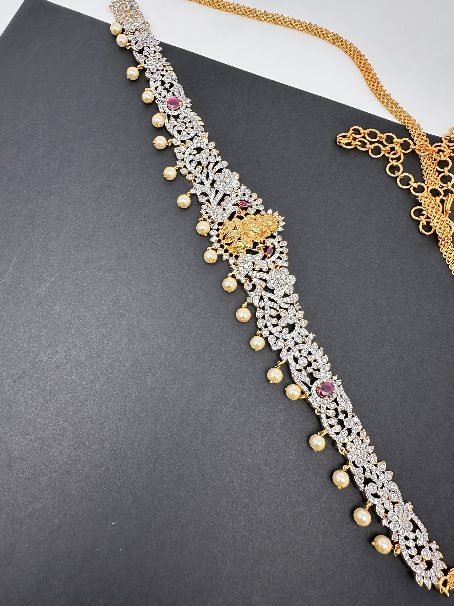 Goddess Lakshmi Red Stone AD Ganga Jamuna Finish Hip Chain