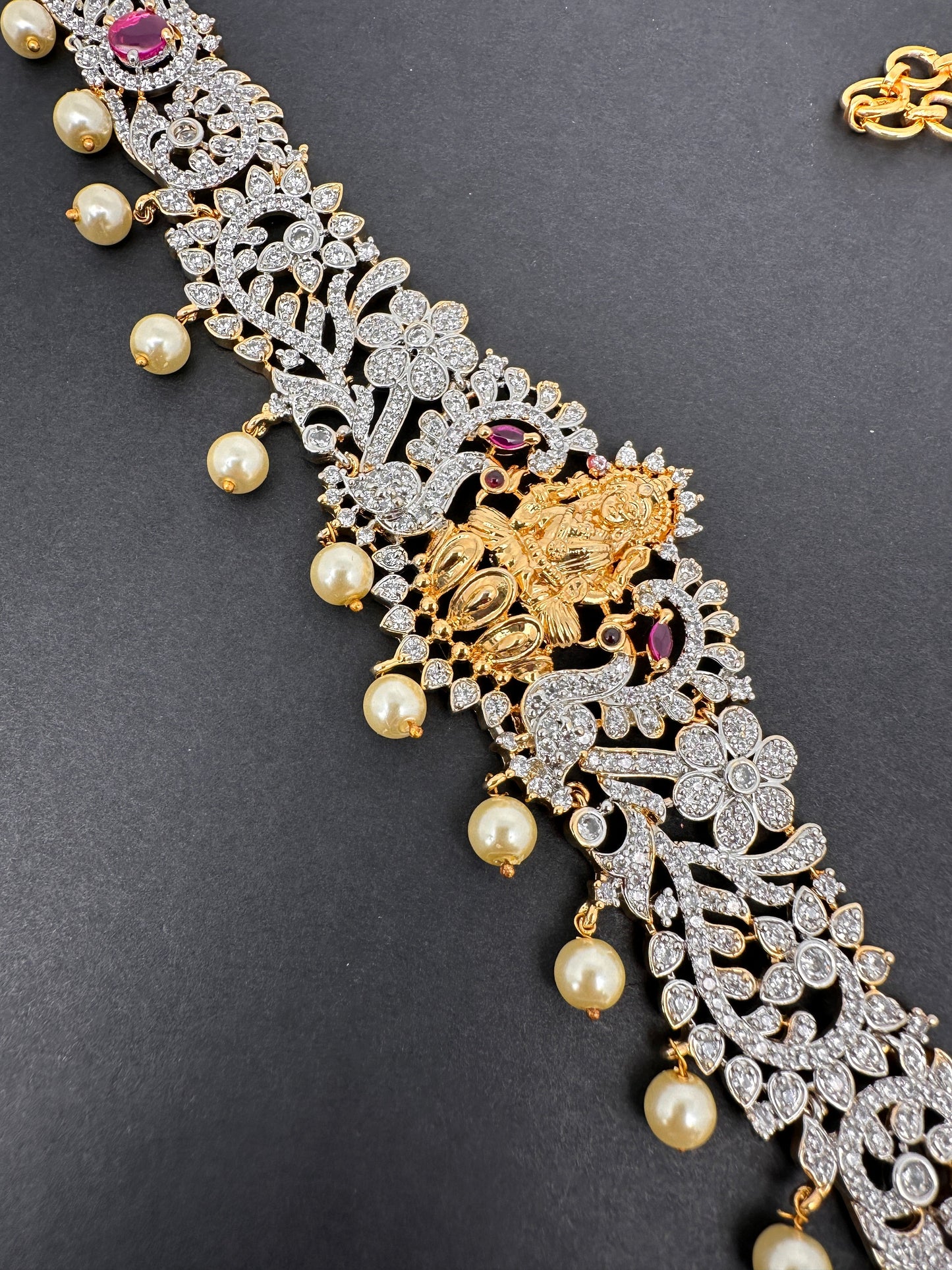 Goddess Lakshmi Red Stone AD Ganga Jamuna Finish Hip Chain