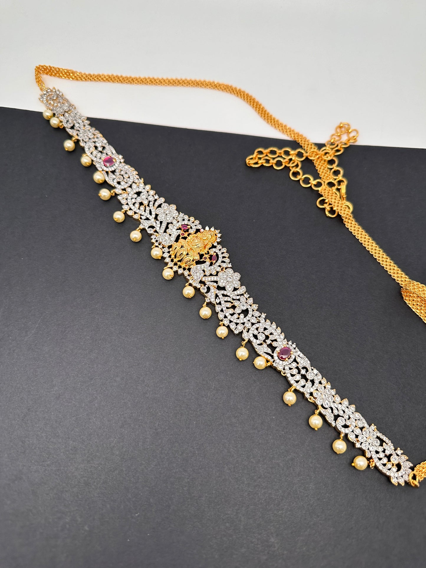 Goddess Lakshmi Red Stone AD Ganga Jamuna Finish Hip Chain