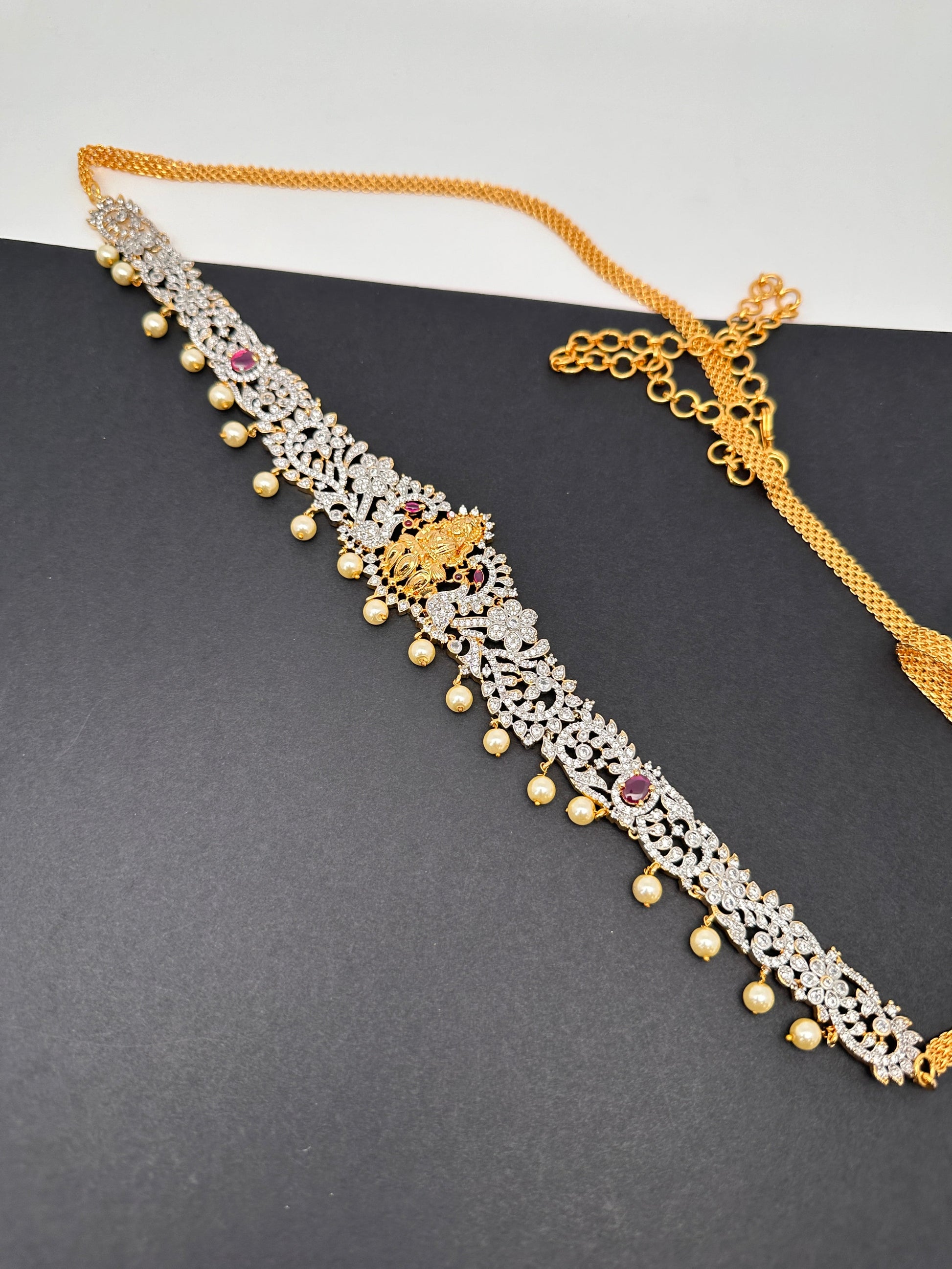 Goddess Lakshmi Red Stone AD Ganga Jamuna Finish Hip Chain