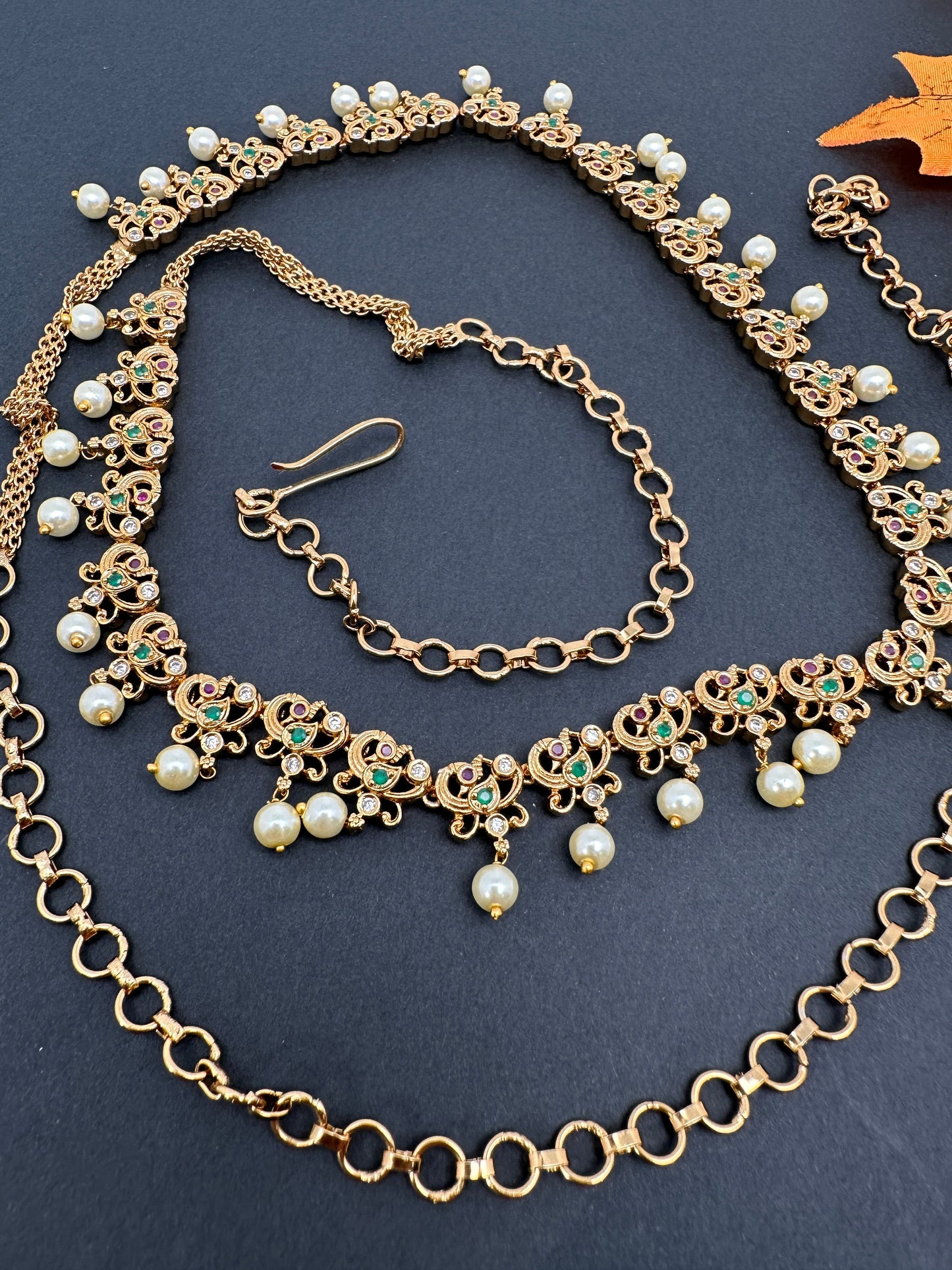 Simple Multi Stone Floral Design Matte Finish Hip Chain Vaddanam