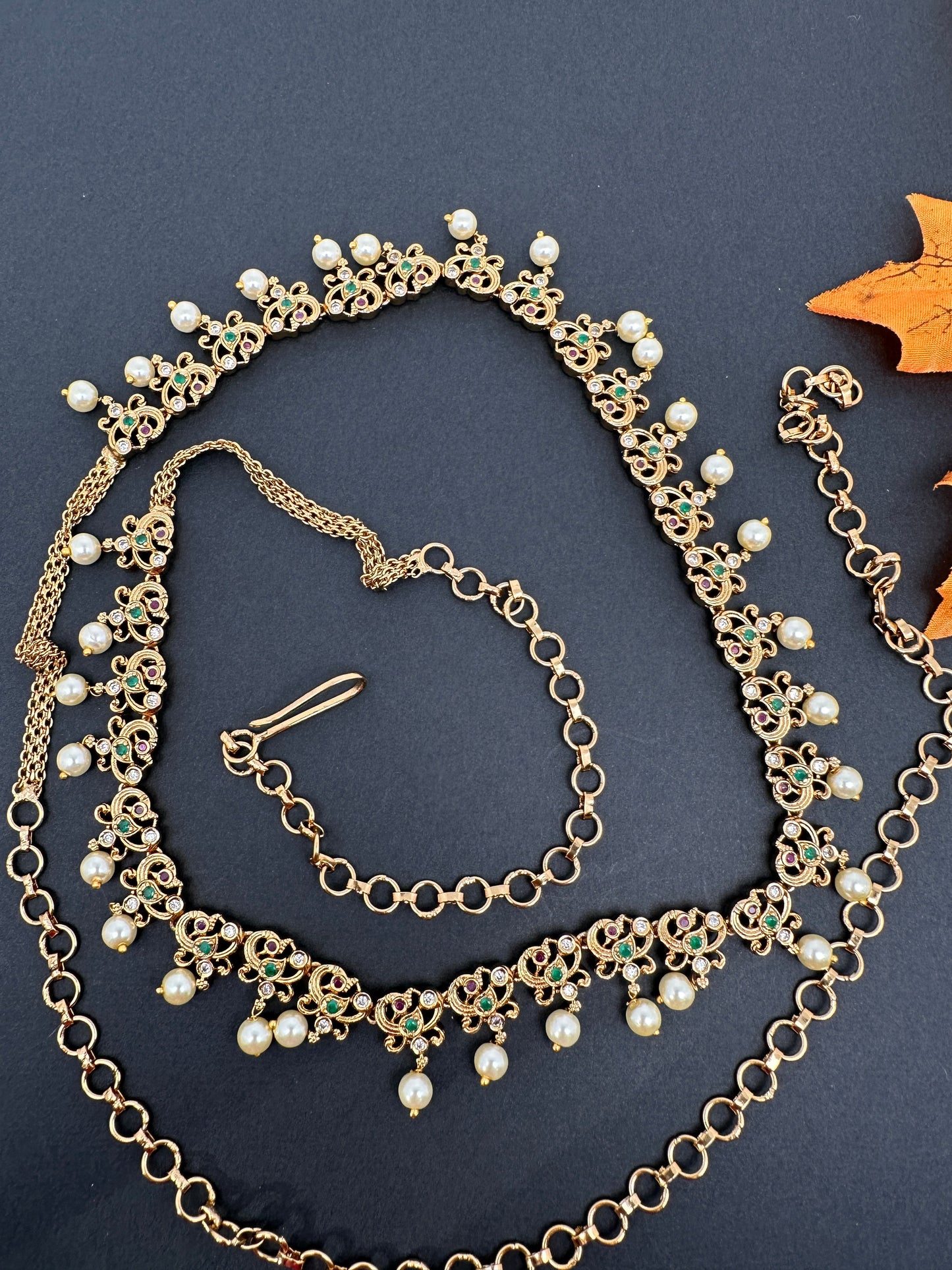 Simple Multi Stone Floral Design Matte Finish Hip Chain Vaddanam