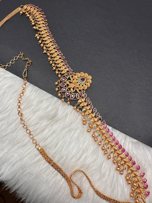 Sleek Red Kemp Green Stone Matte Finish Floral Design Hip Chain Vaddanam