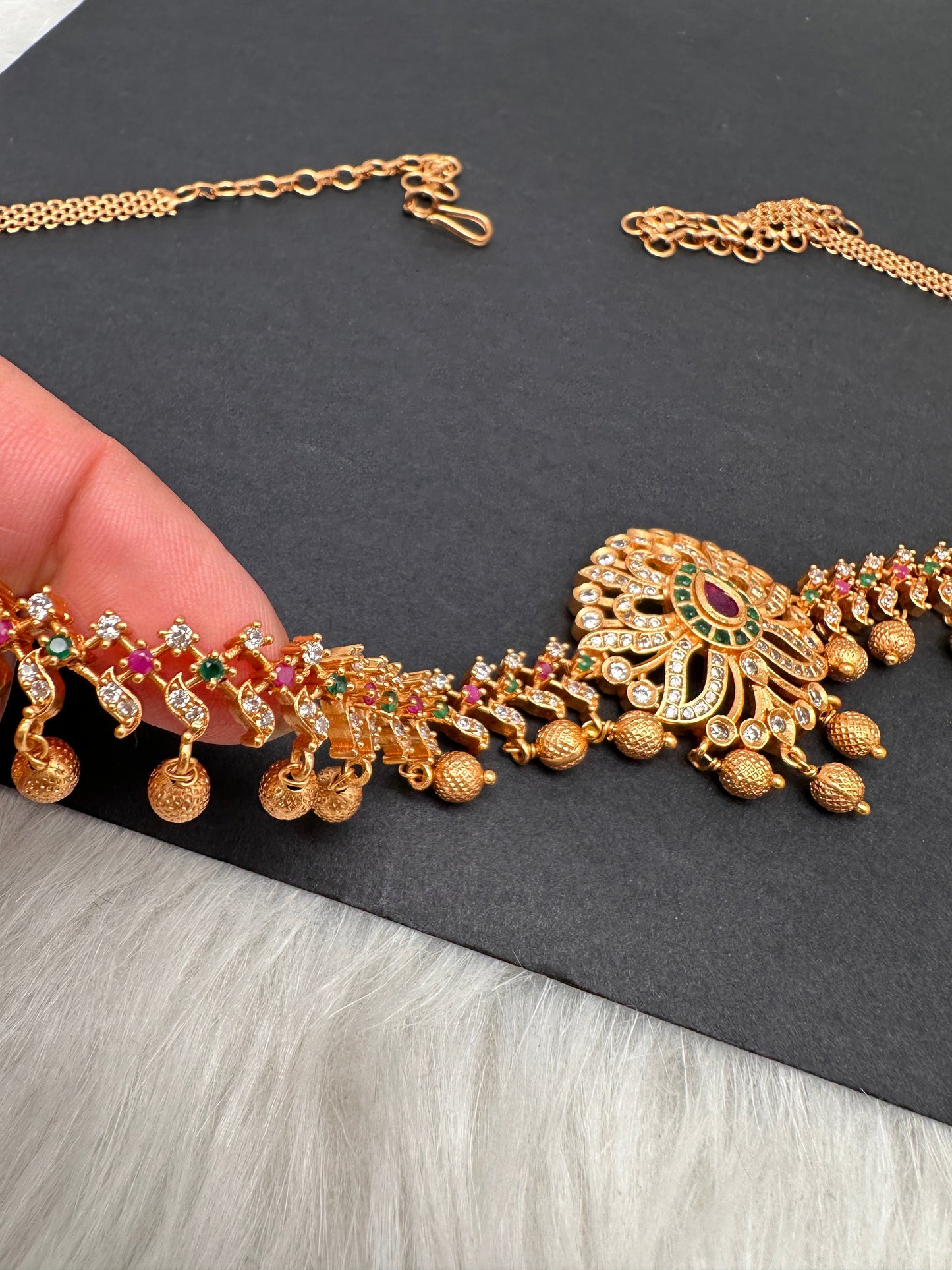 Sleek CZ Red Green Multi Stone Matte Finish Floral Design Hip Chain Vaddanam