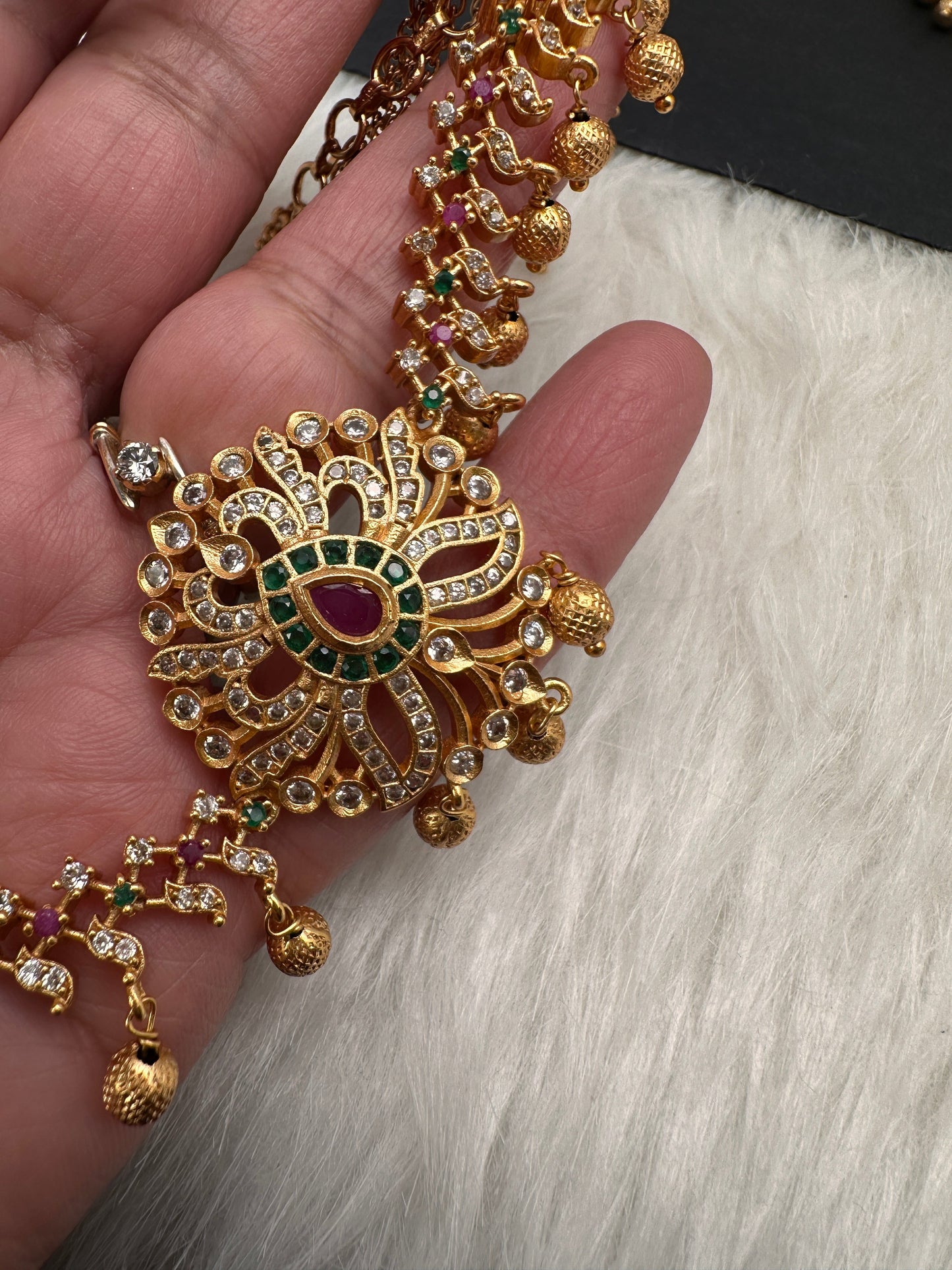 Sleek CZ Red Green Multi Stone Matte Finish Floral Design Hip Chain Vaddanam