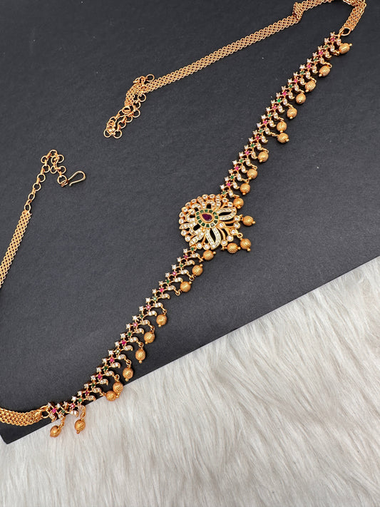 Sleek CZ Red Green Multi Stone Matte Finish Floral Design Hip Chain Vaddanam