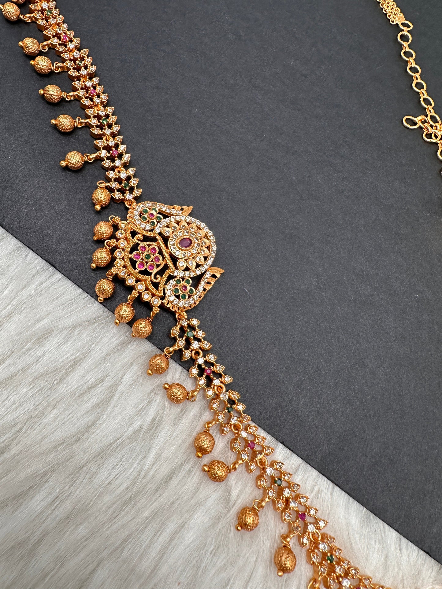 Sleek CZ Red Green Multi Stone Matte Finish Floral Design Hip Chain Vaddanam