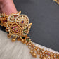 Sleek CZ Red Green Multi Stone Matte Finish Floral Design Hip Chain Vaddanam