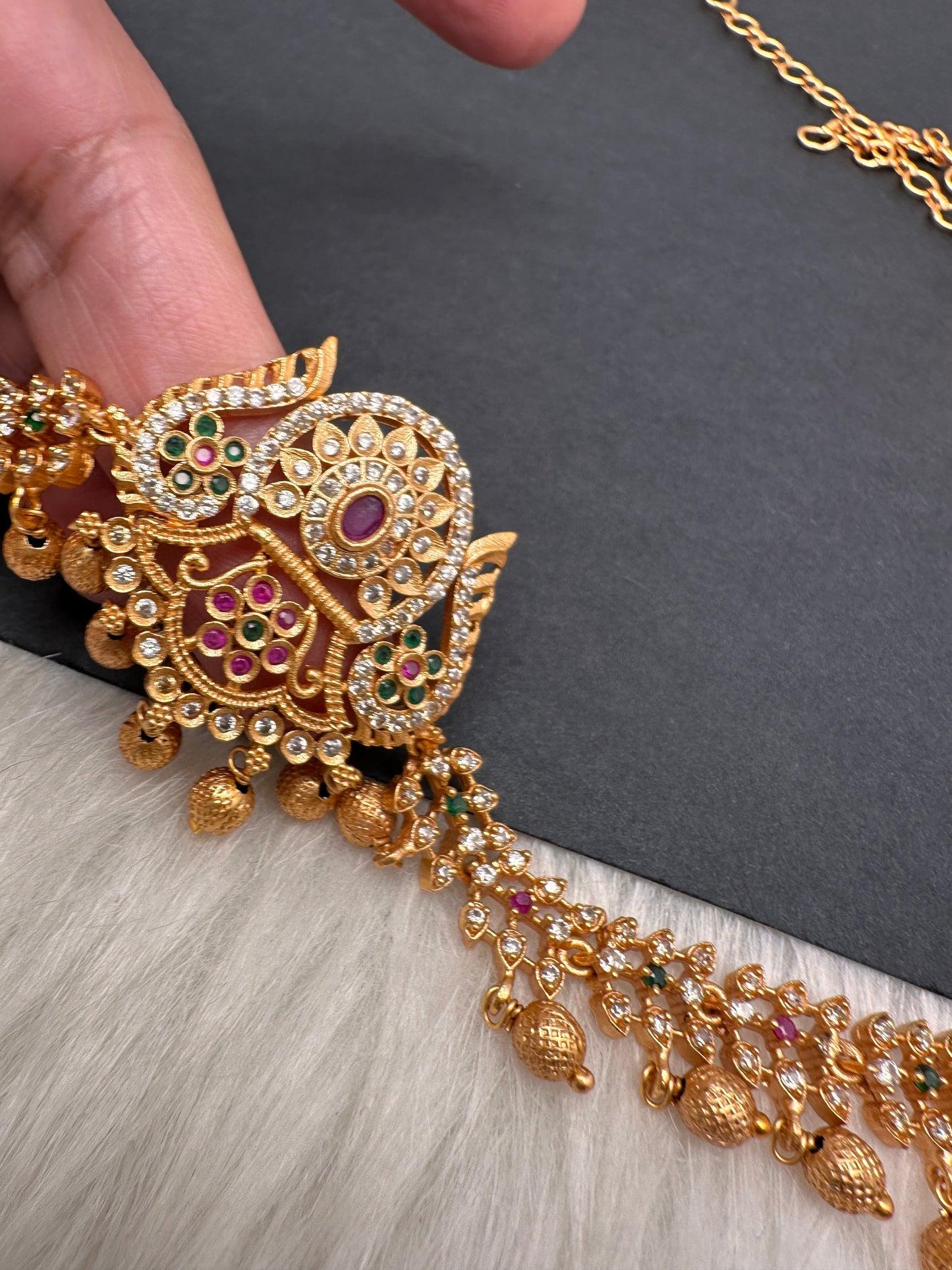 Sleek CZ Red Green Multi Stone Matte Finish Floral Design Hip Chain Vaddanam