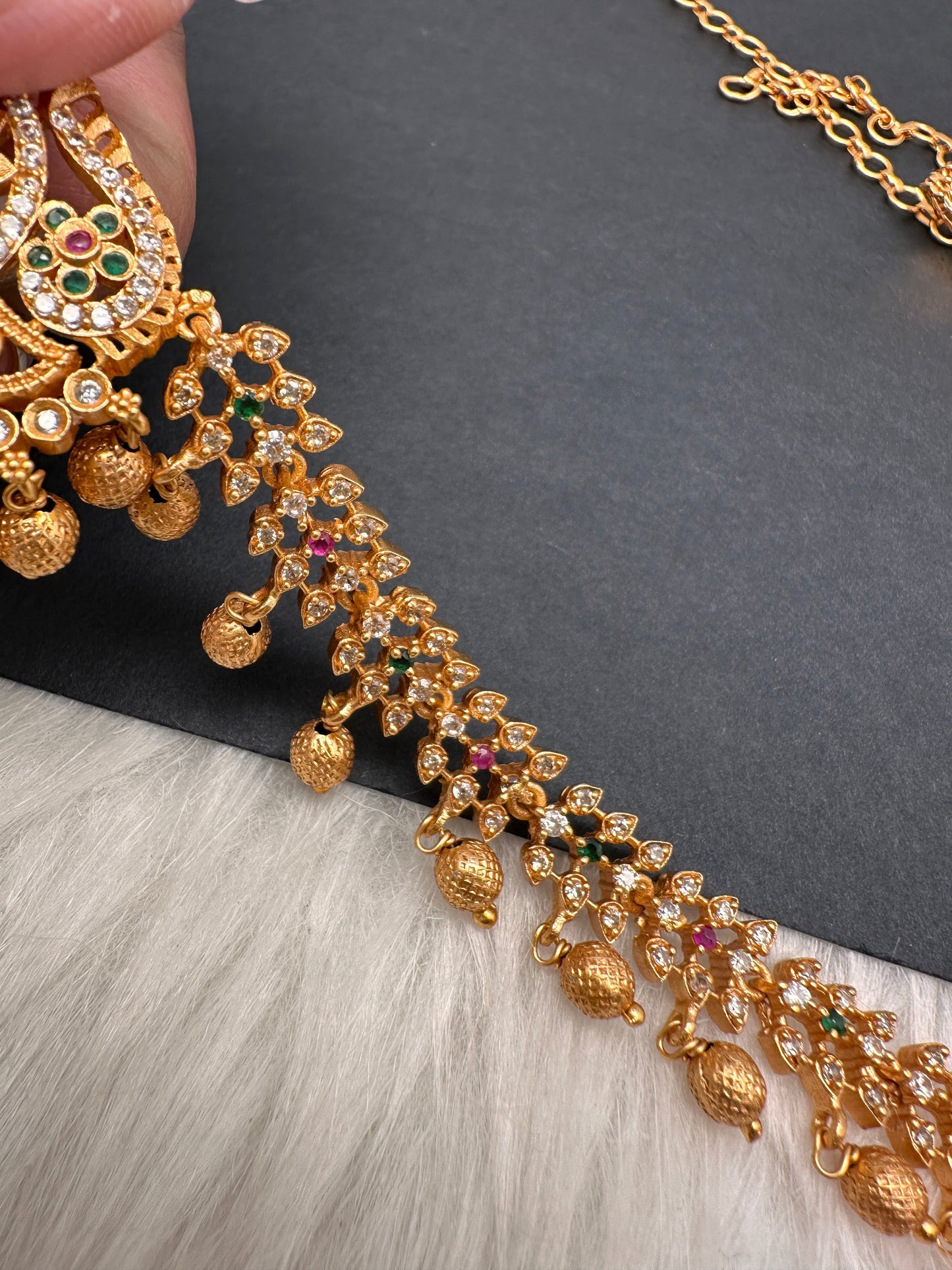 Sleek CZ Red Green Multi Stone Matte Finish Floral Design Hip Chain Vaddanam