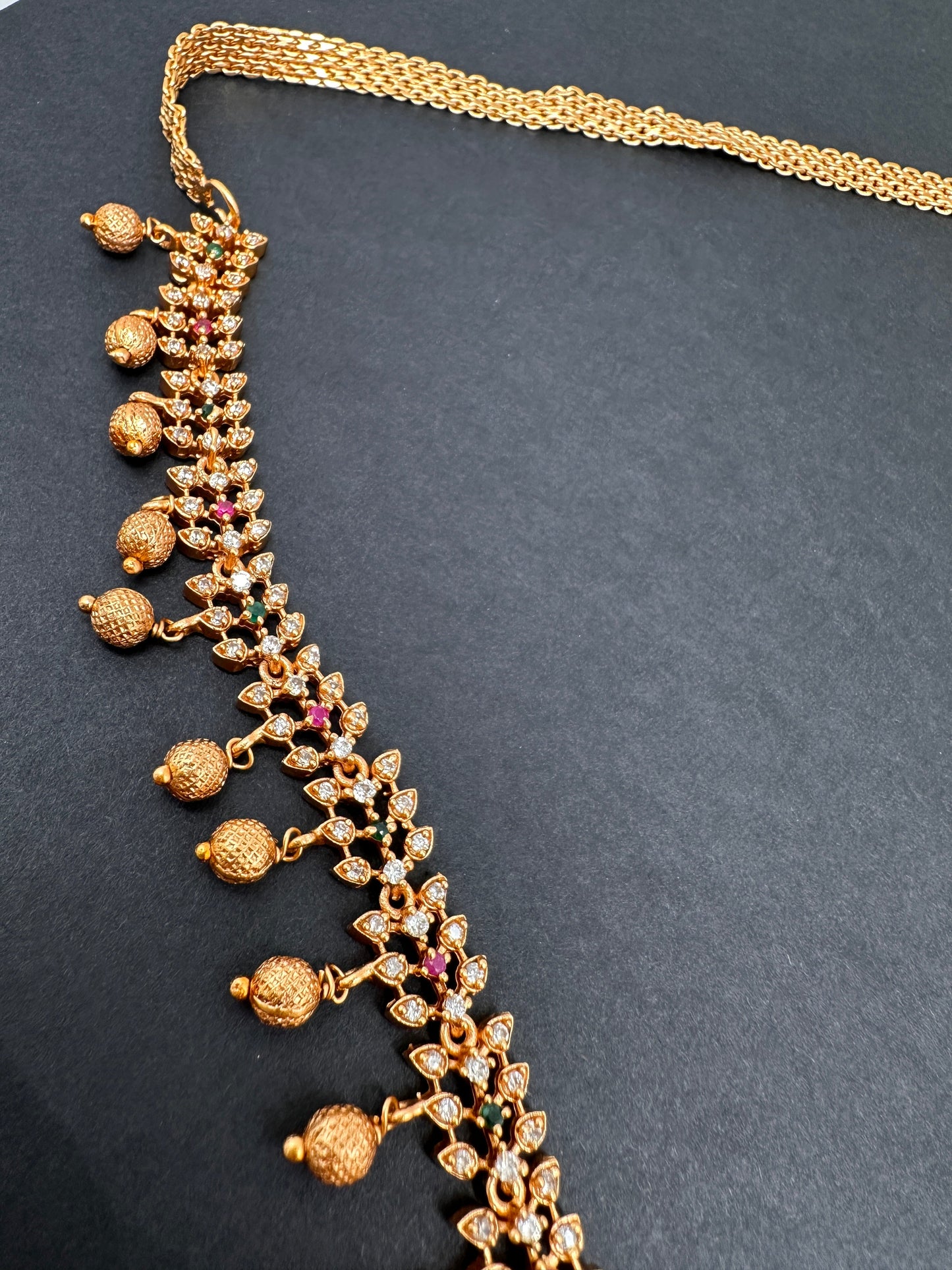 Sleek CZ Red Green Multi Stone Matte Finish Floral Design Hip Chain Vaddanam