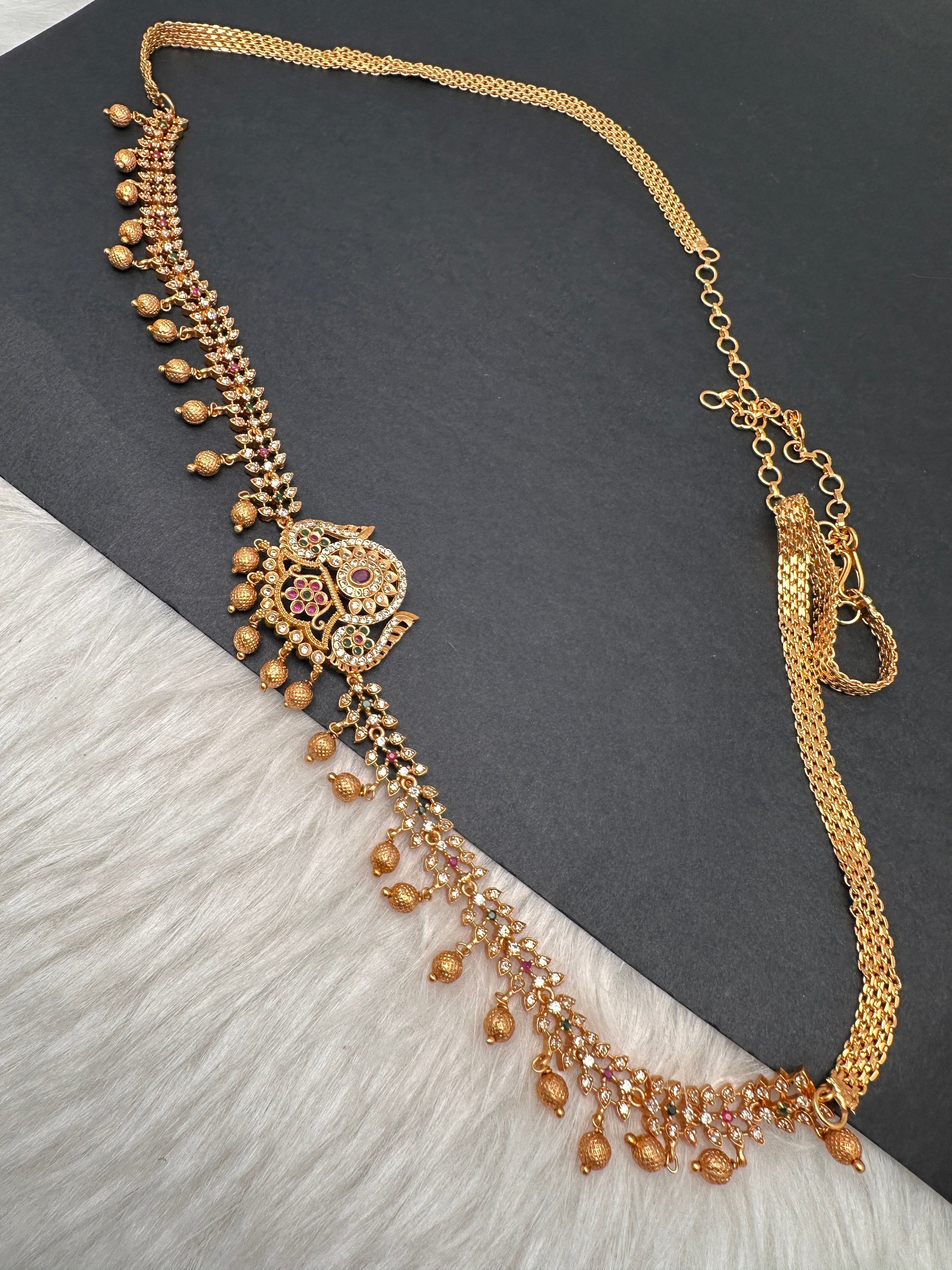 Sleek CZ Red Green Multi Stone Matte Finish Floral Design Hip Chain Vaddanam