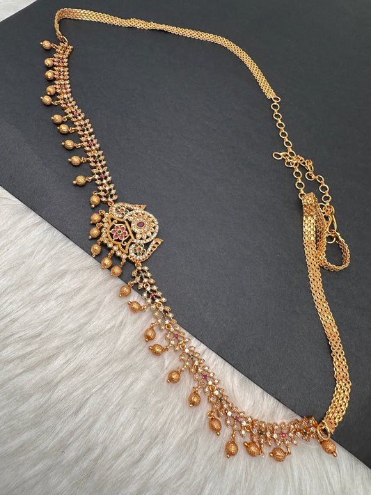 Sleek CZ Red Green Multi Stone Matte Finish Floral Design Hip Chain Vaddanam