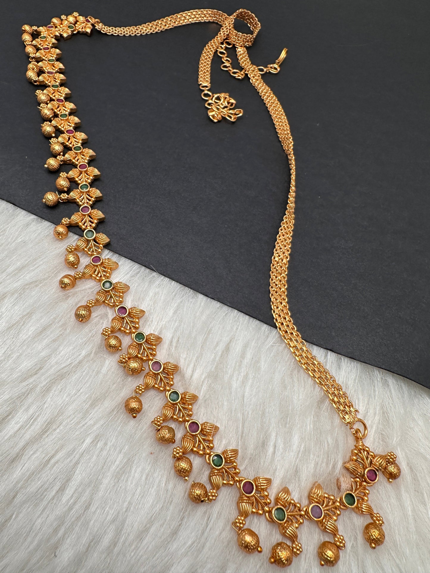 Sleek Red Green Multi Stone Matte Finish Hip Chain Vaddanam