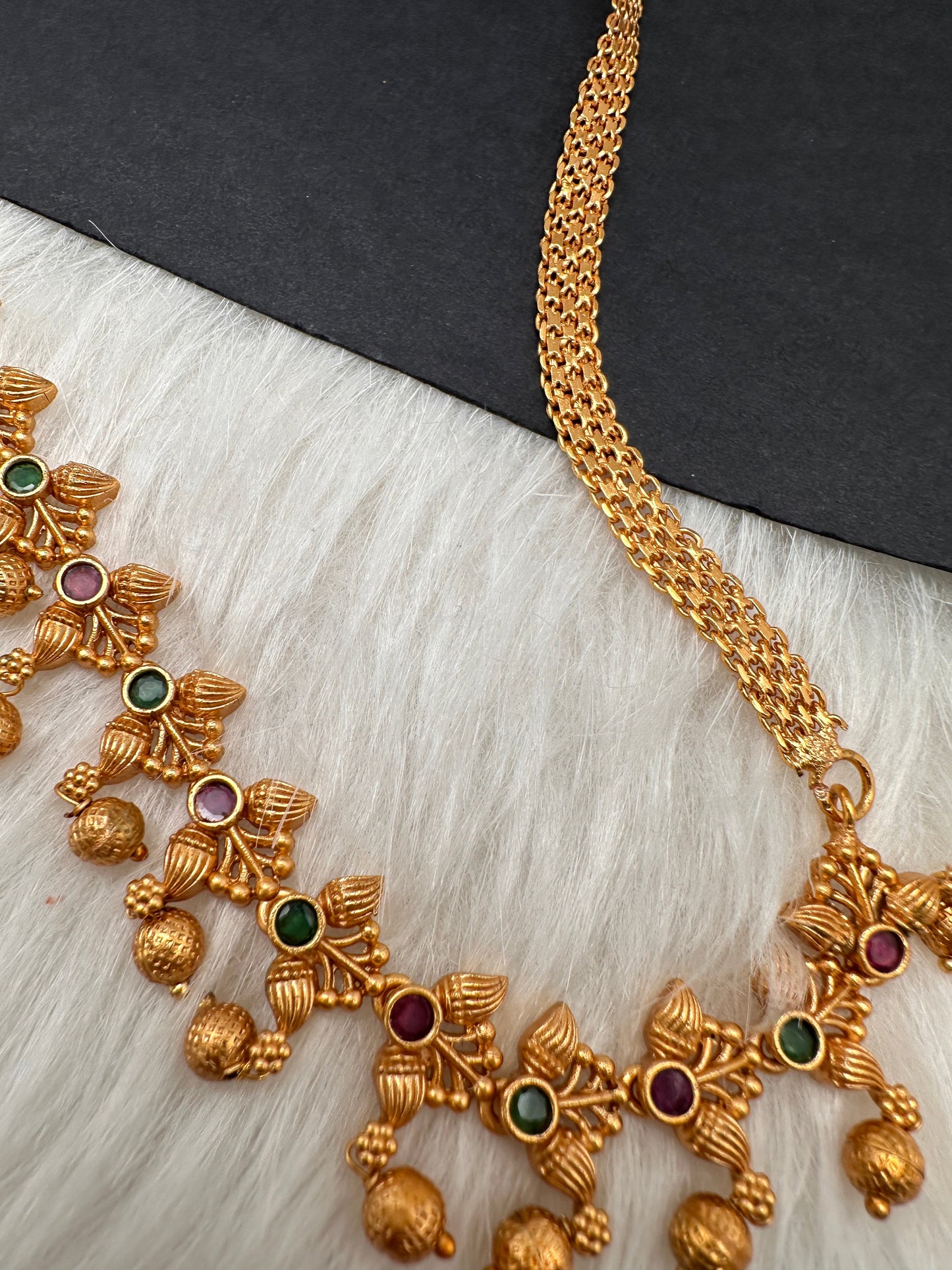 Sleek Red Green Multi Stone Matte Finish Hip Chain Vaddanam
