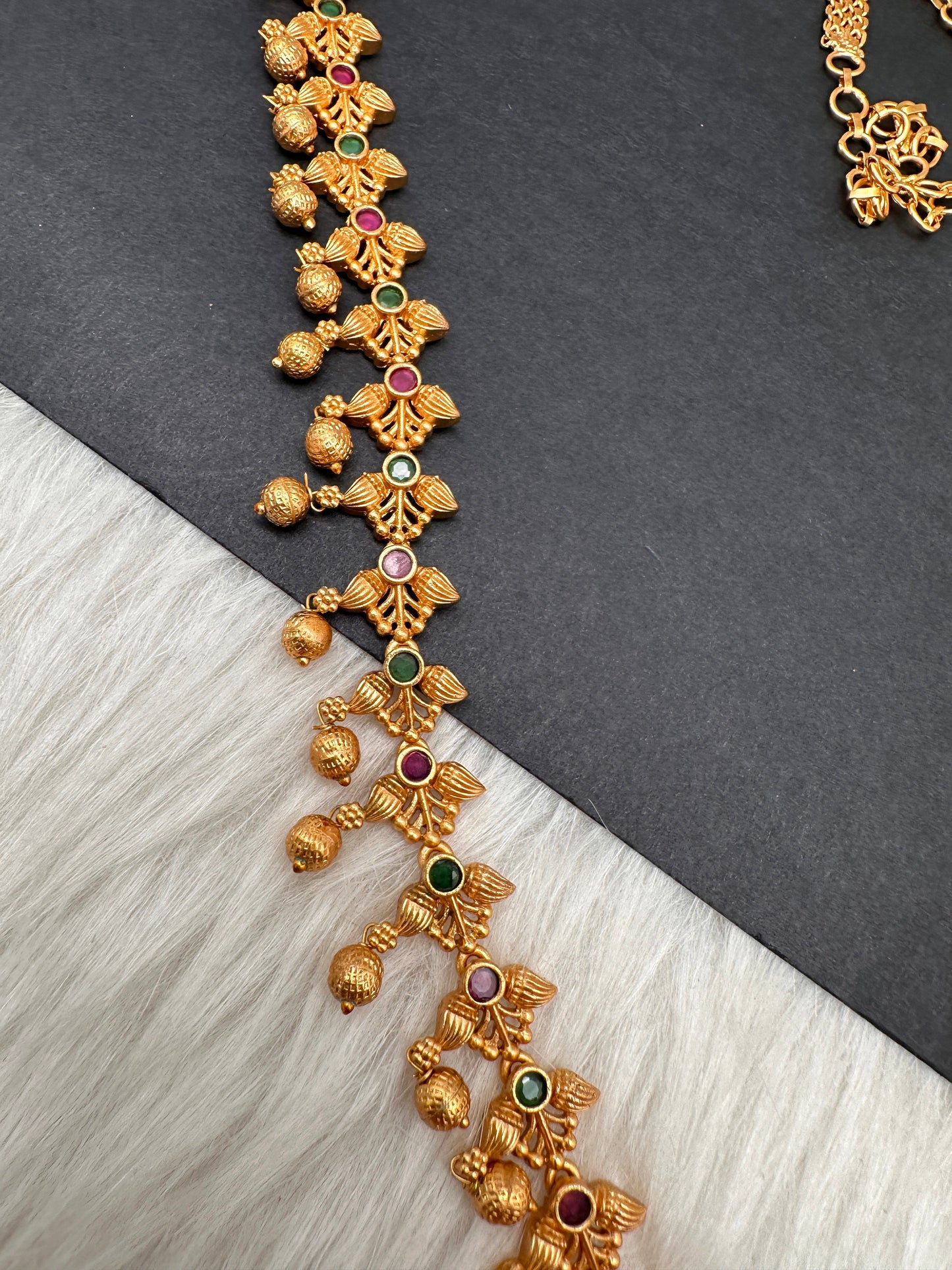 Sleek Red Green Multi Stone Matte Finish Hip Chain Vaddanam