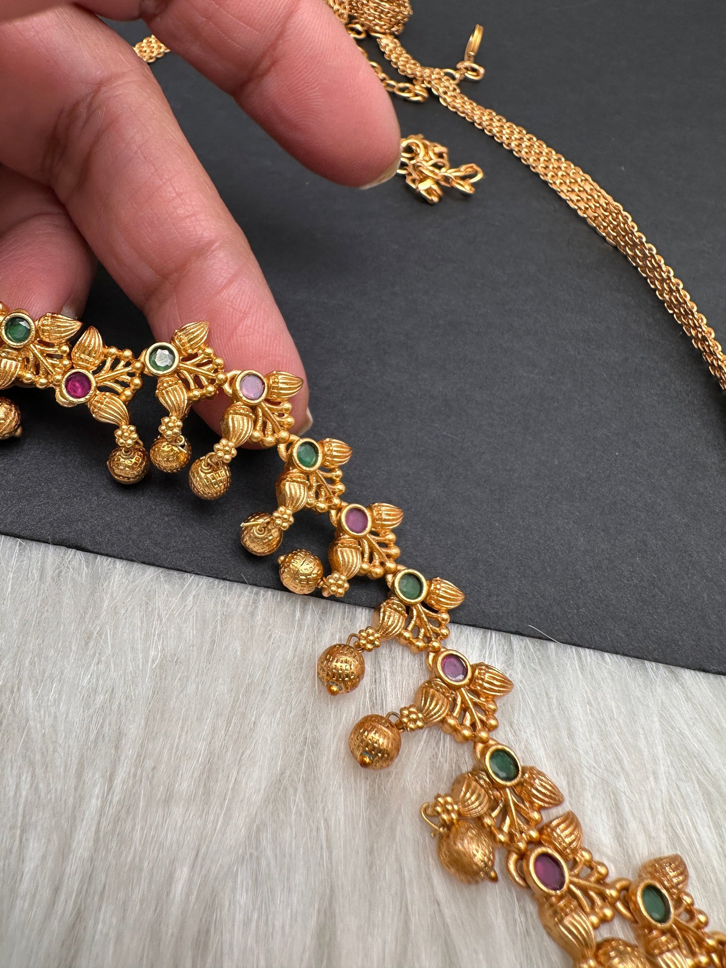 Sleek Red Green Multi Stone Matte Finish Hip Chain Vaddanam