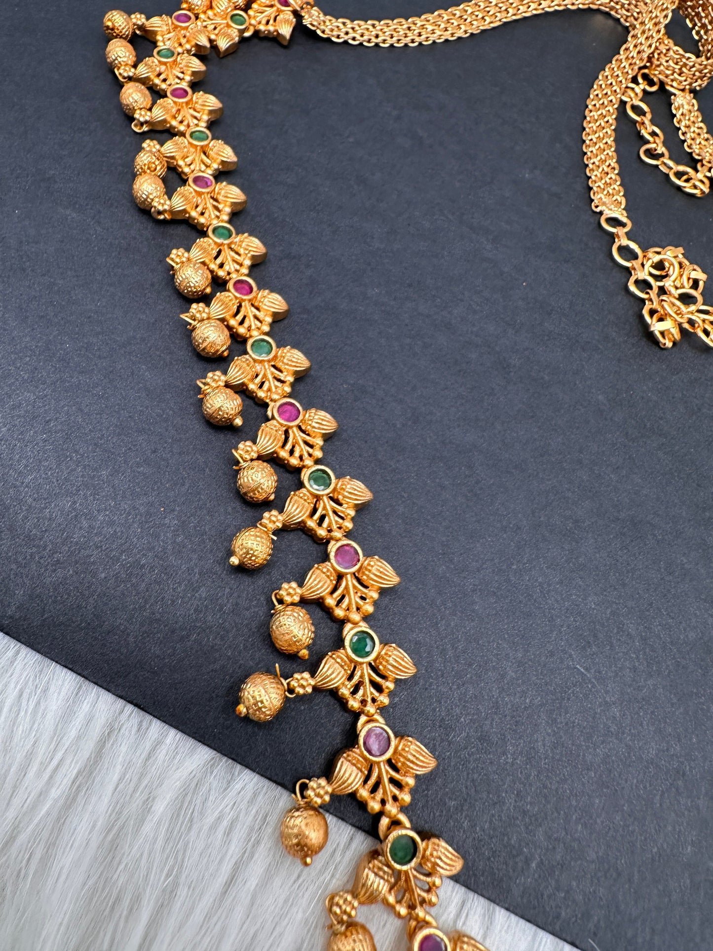 Sleek Red Green Multi Stone Matte Finish Hip Chain Vaddanam