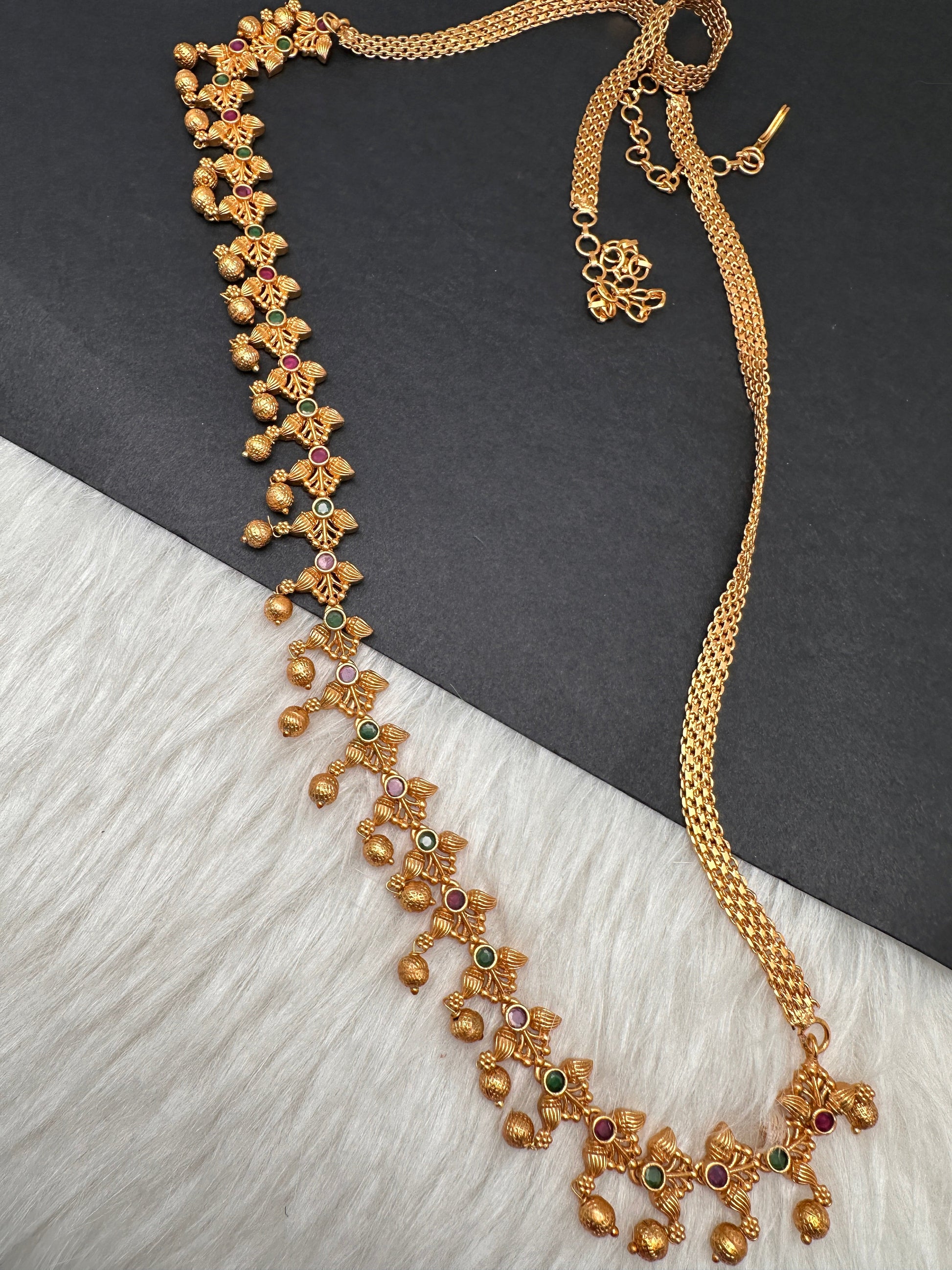 Sleek Red Green Multi Stone Matte Finish Hip Chain Vaddanam