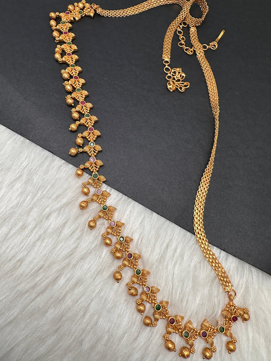 Sleek Red Green Multi Stone Matte Finish Hip Chain Vaddanam
