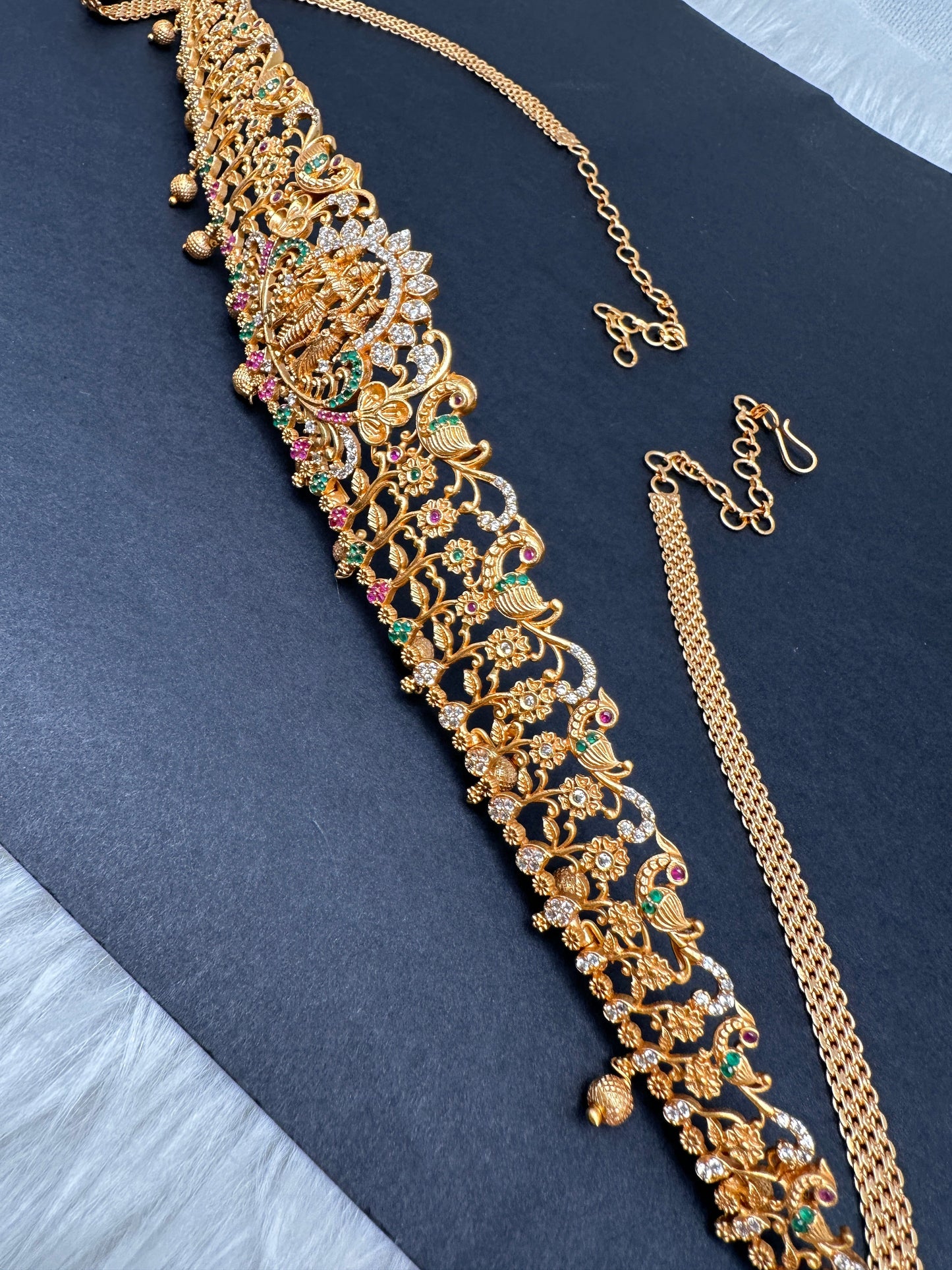 Ram Parivaar Sleek CZ Red Green Multi Stone Matte Finish Hip Chain Vaddanam