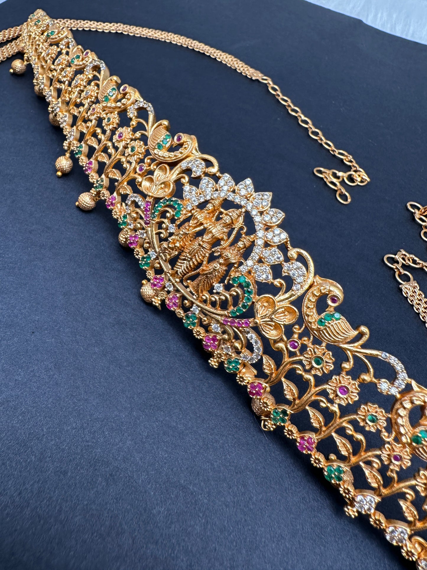 Ram Parivaar Sleek CZ Red Green Multi Stone Matte Finish Hip Chain Vaddanam