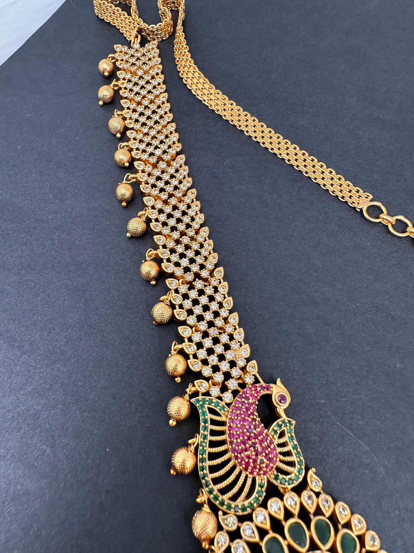Sleek CZ Red Green Multi Stone Matte Finish Peacock Design Hip Chain Vaddanam