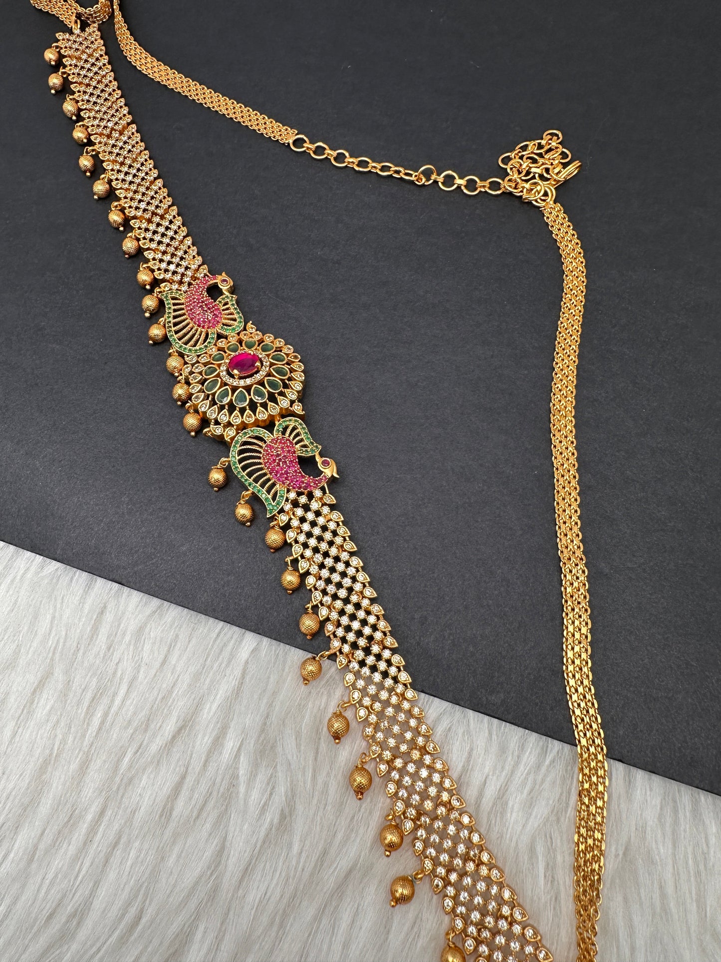 Sleek CZ Red Green Multi Stone Matte Finish Peacock Design Hip Chain Vaddanam