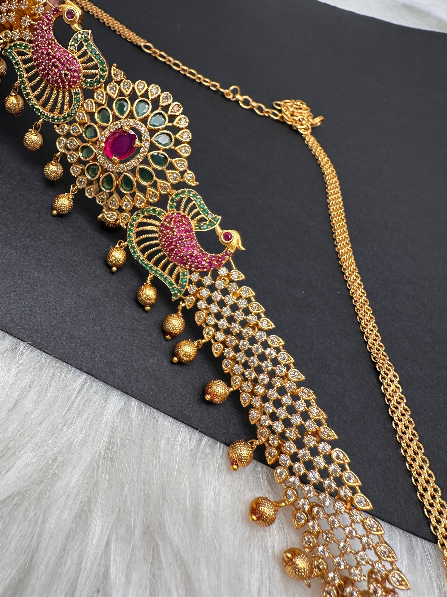 Sleek CZ Red Green Multi Stone Matte Finish Peacock Design Hip Chain Vaddanam