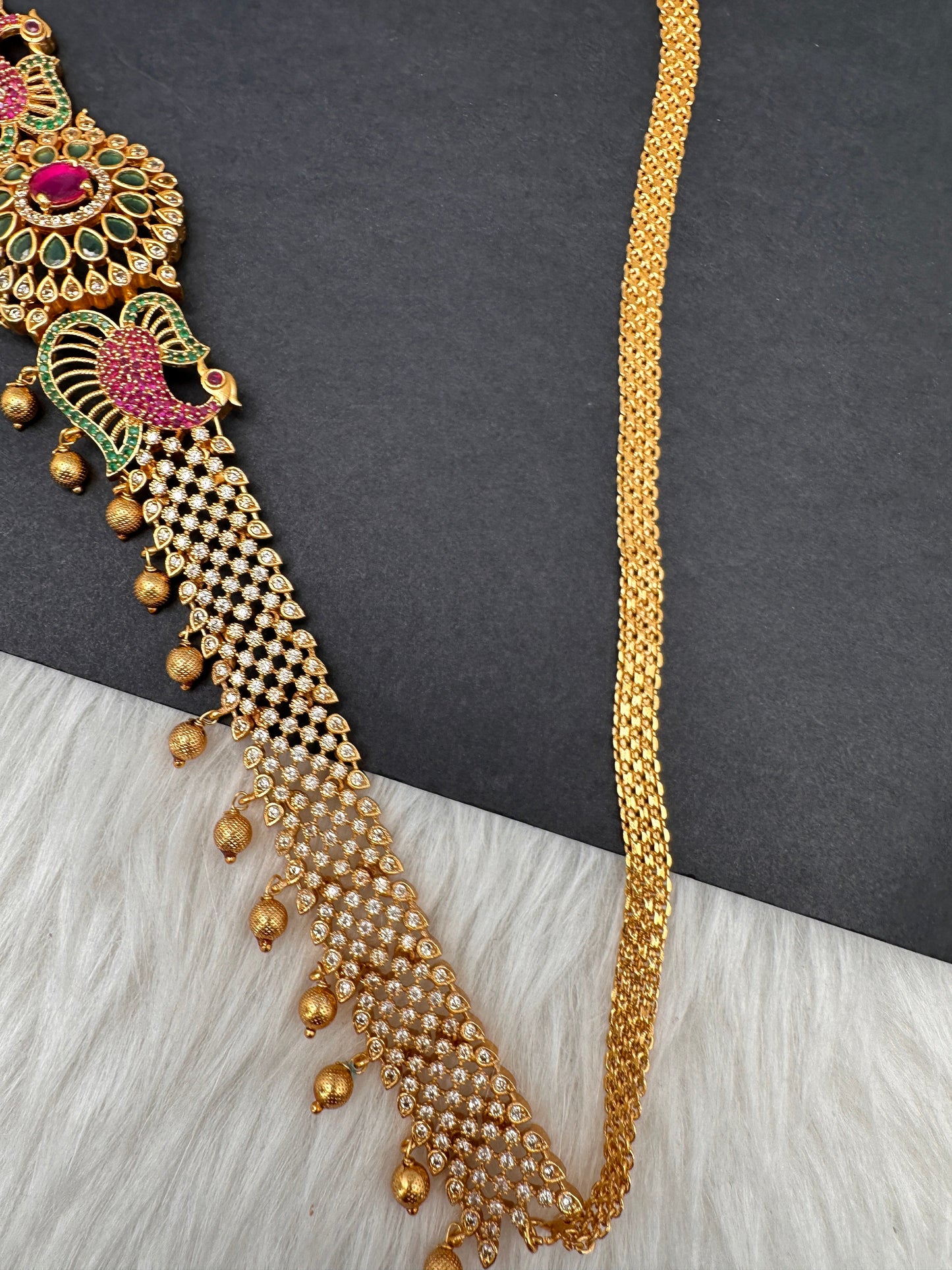 Sleek CZ Red Green Multi Stone Matte Finish Peacock Design Hip Chain Vaddanam