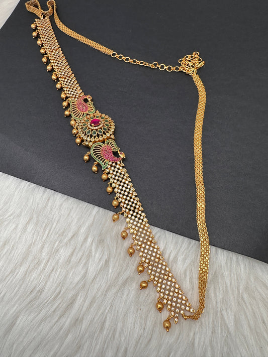 Sleek CZ Red Green Multi Stone Matte Finish Peacock Design Hip Chain Vaddanam